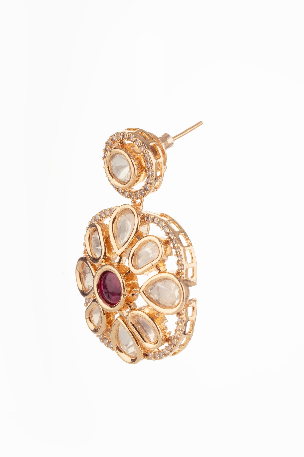 Gold-Tone Floral Pink Stone Stud Drop Earrings for Women