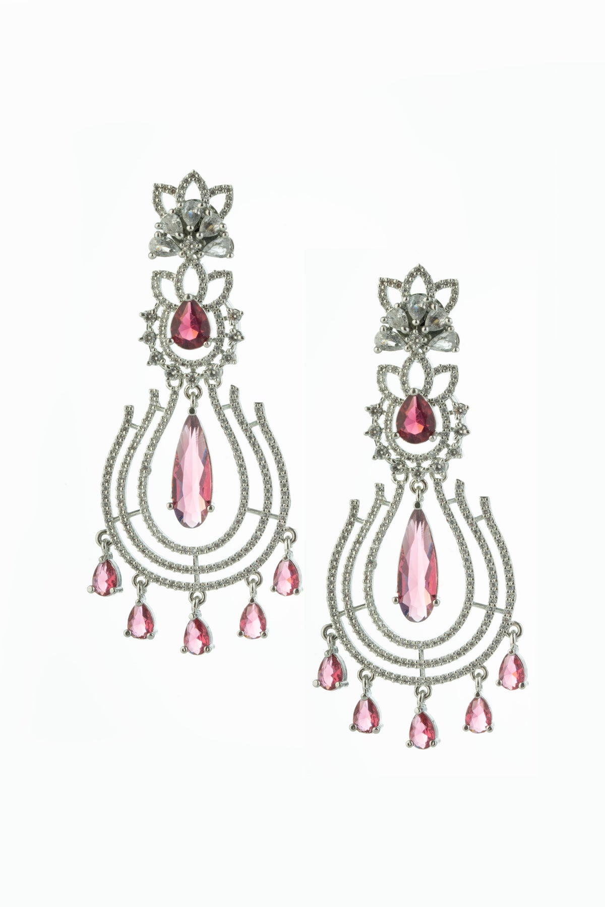 Silver-Tone Pink Stone Statement Drop Earrings for Women