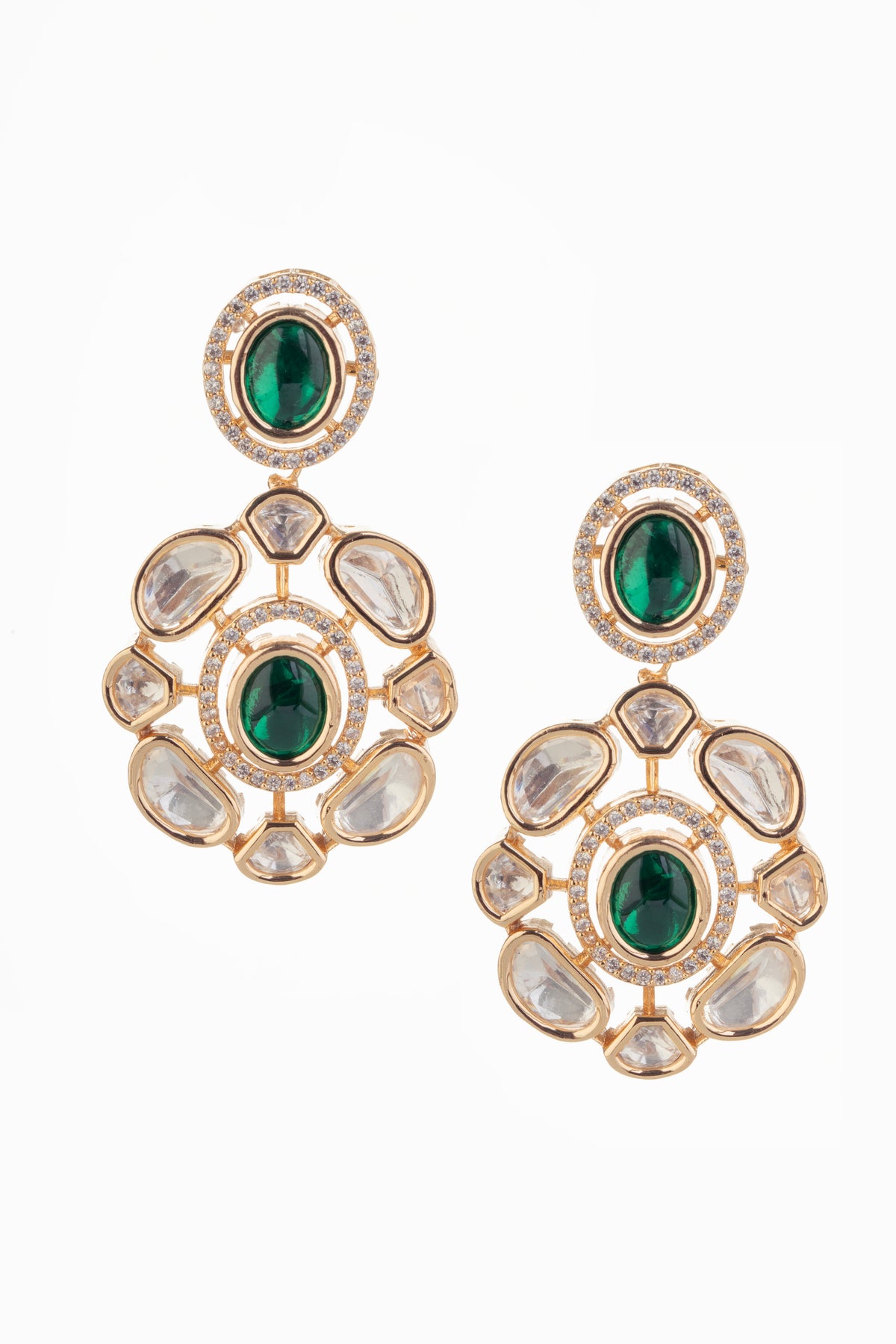 Gold-Tone Green Stone Floral Drop Earrings for Women