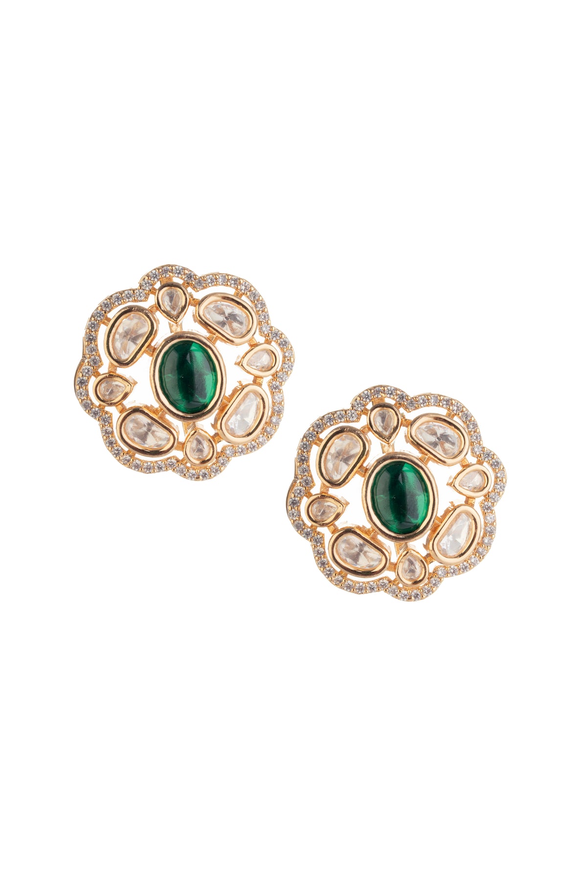 Green Oval Stone Gold-Tone Floral Stud Earrings for Women