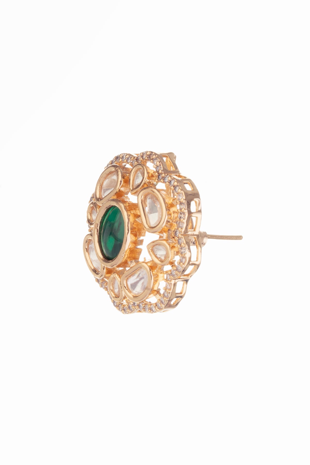 Green Oval Stone Gold-Tone Floral Stud Earrings for Women