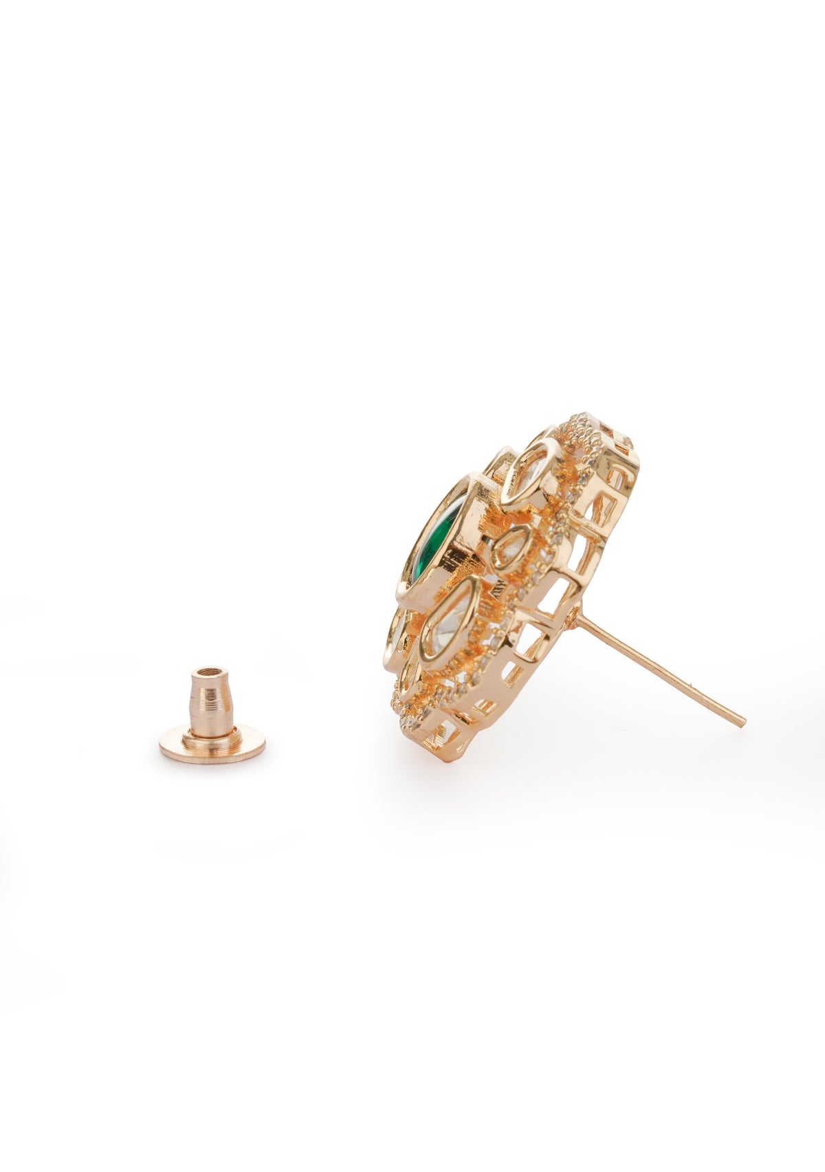 Green Oval Stone Gold-Tone Floral Stud Earrings for Women