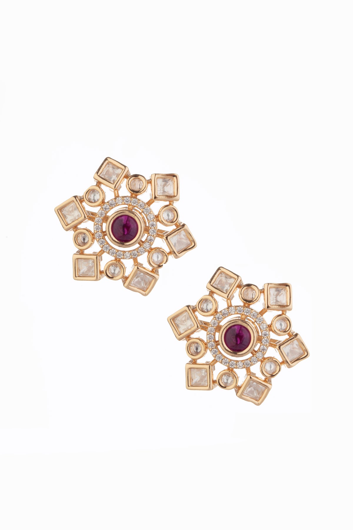 Ruby Centre Gold-Tone Geometric Stud Earrings for Women