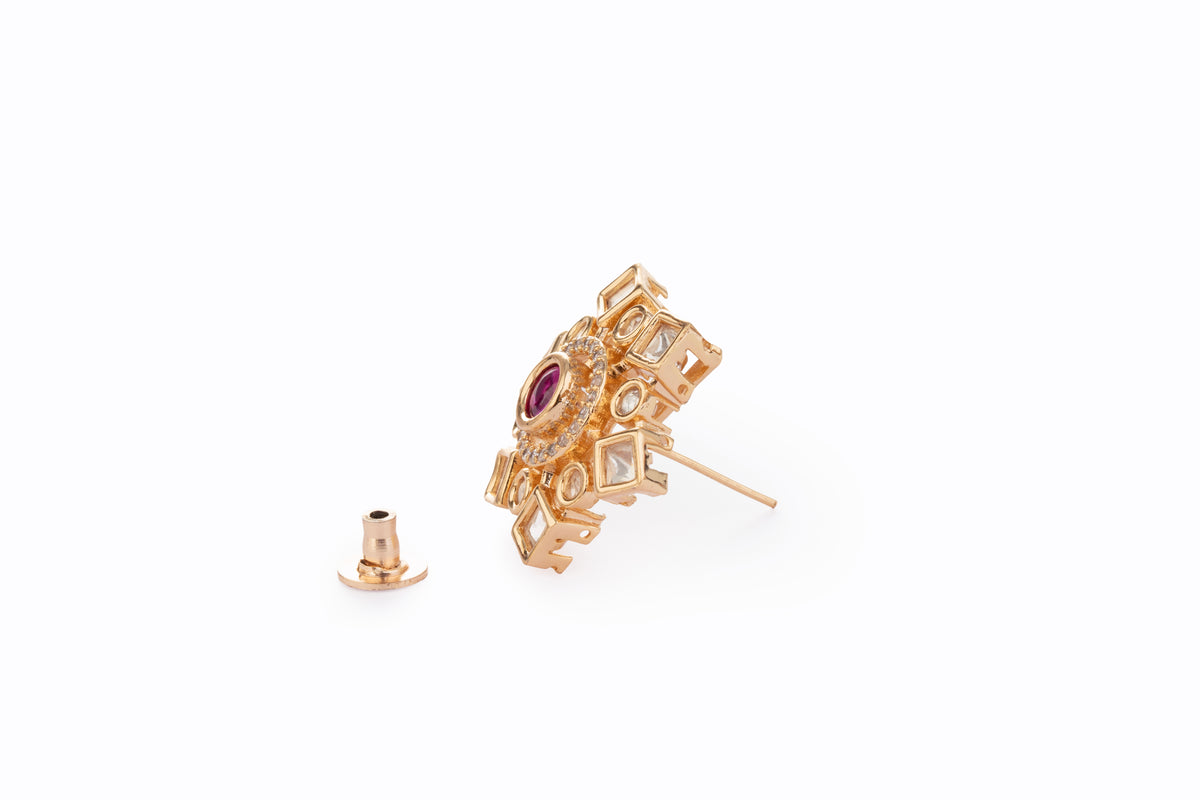 Ruby Centre Gold-Tone Geometric Stud Earrings for Women