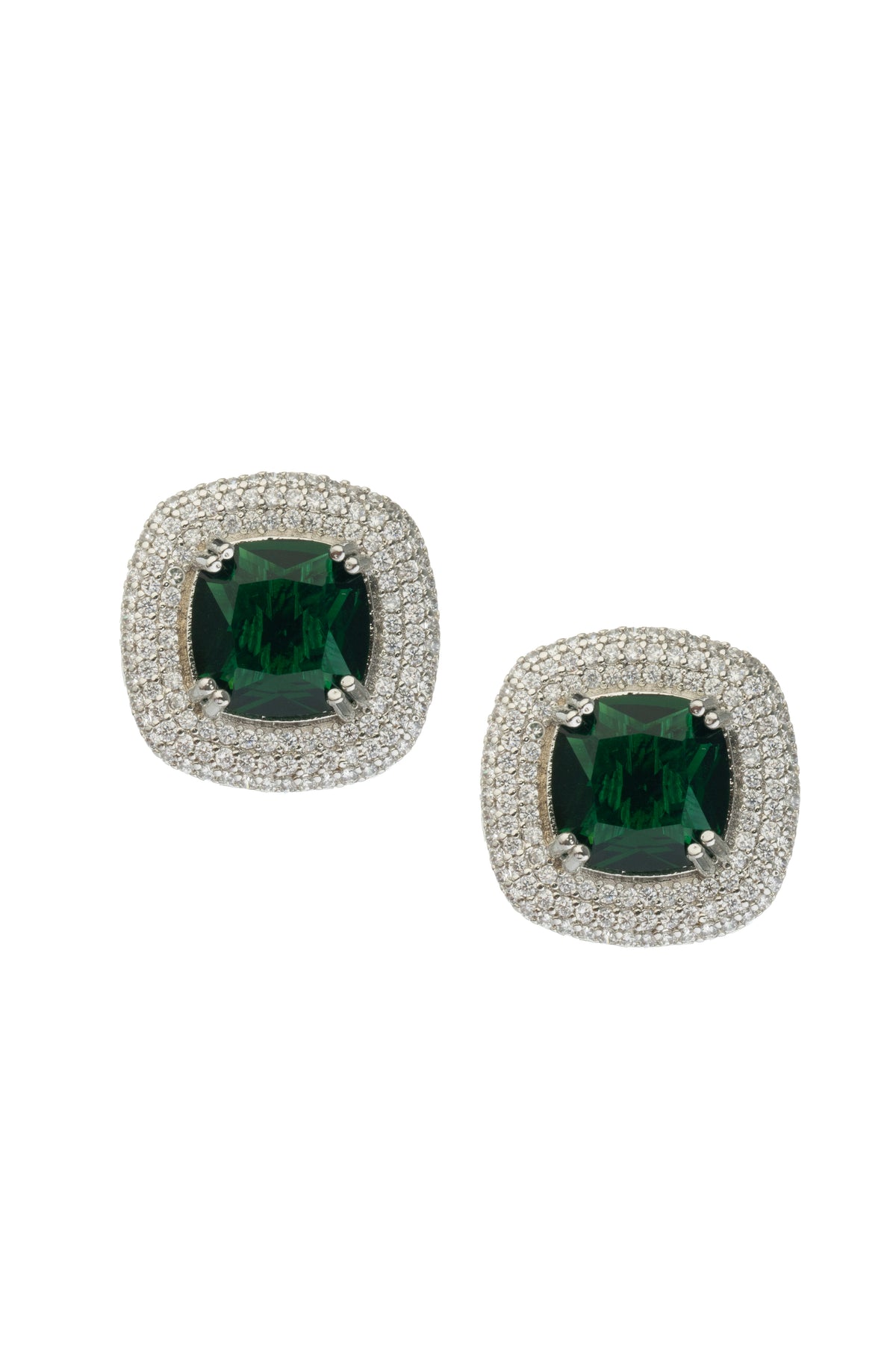 Silver-Tone Green Emerald-Style Square Stud Earrings for Women