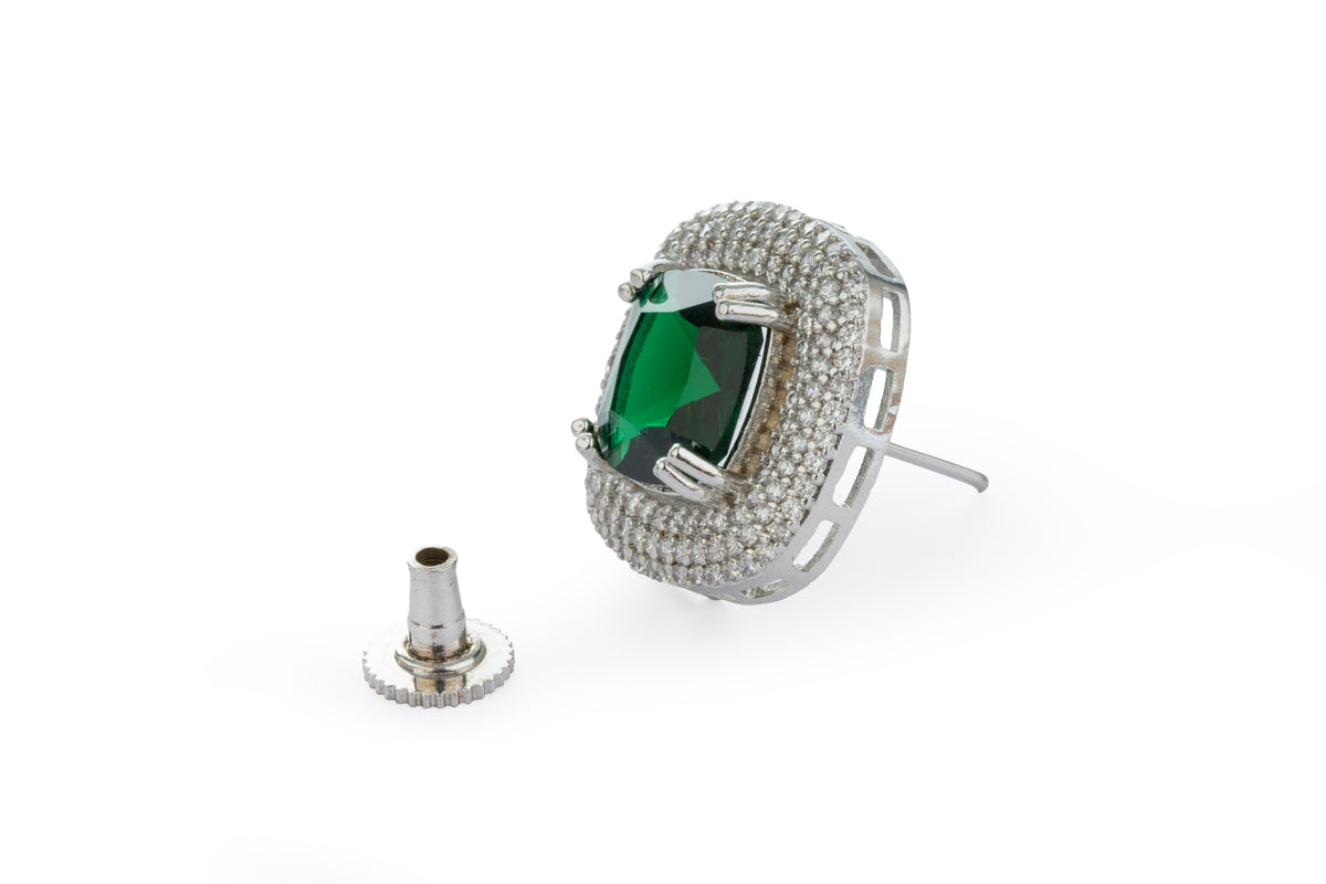 Silver-Tone Green Emerald-Style Square Stud Earrings for Women
