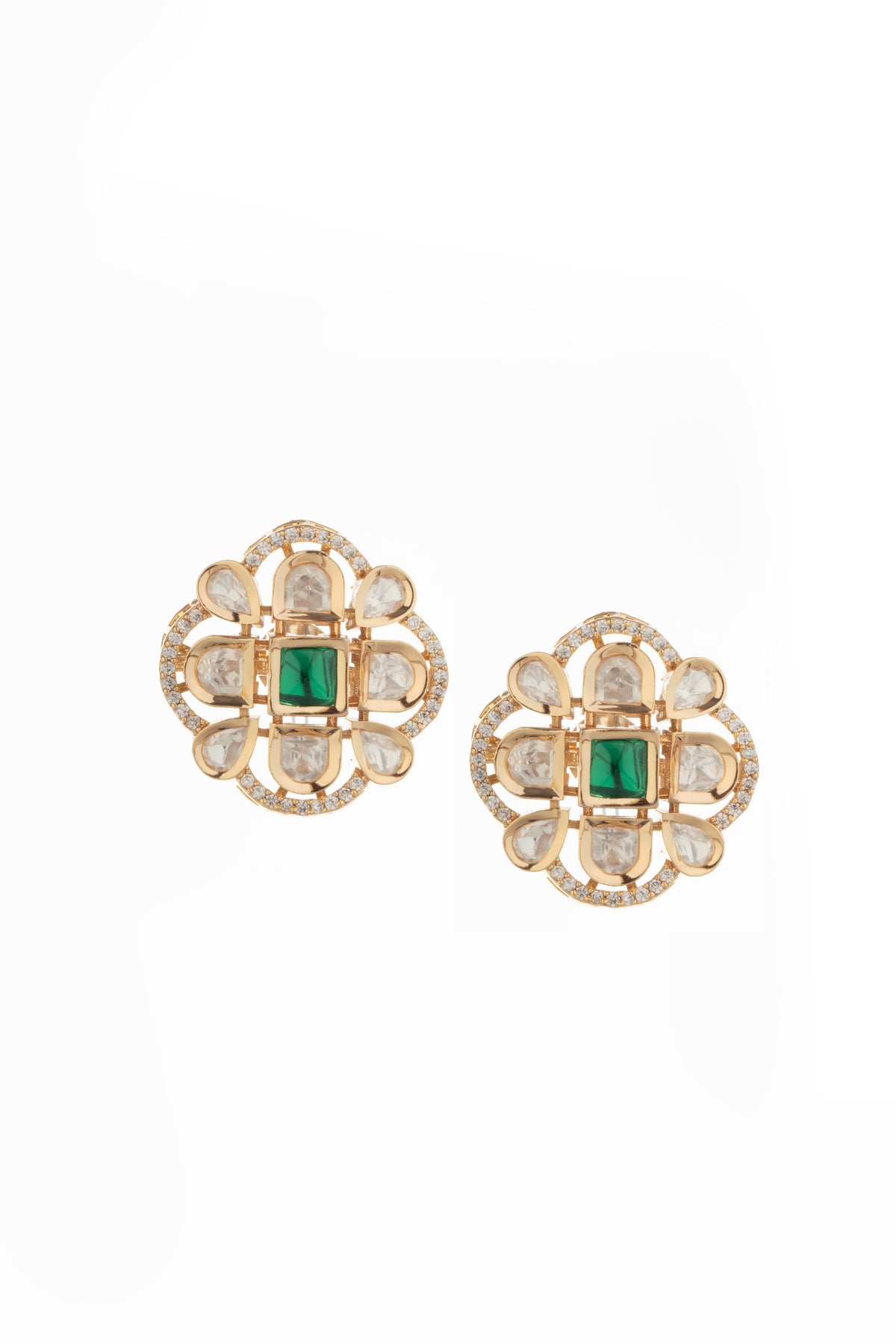 Green Square Stone Gold-Tone Stud Earrings for Women