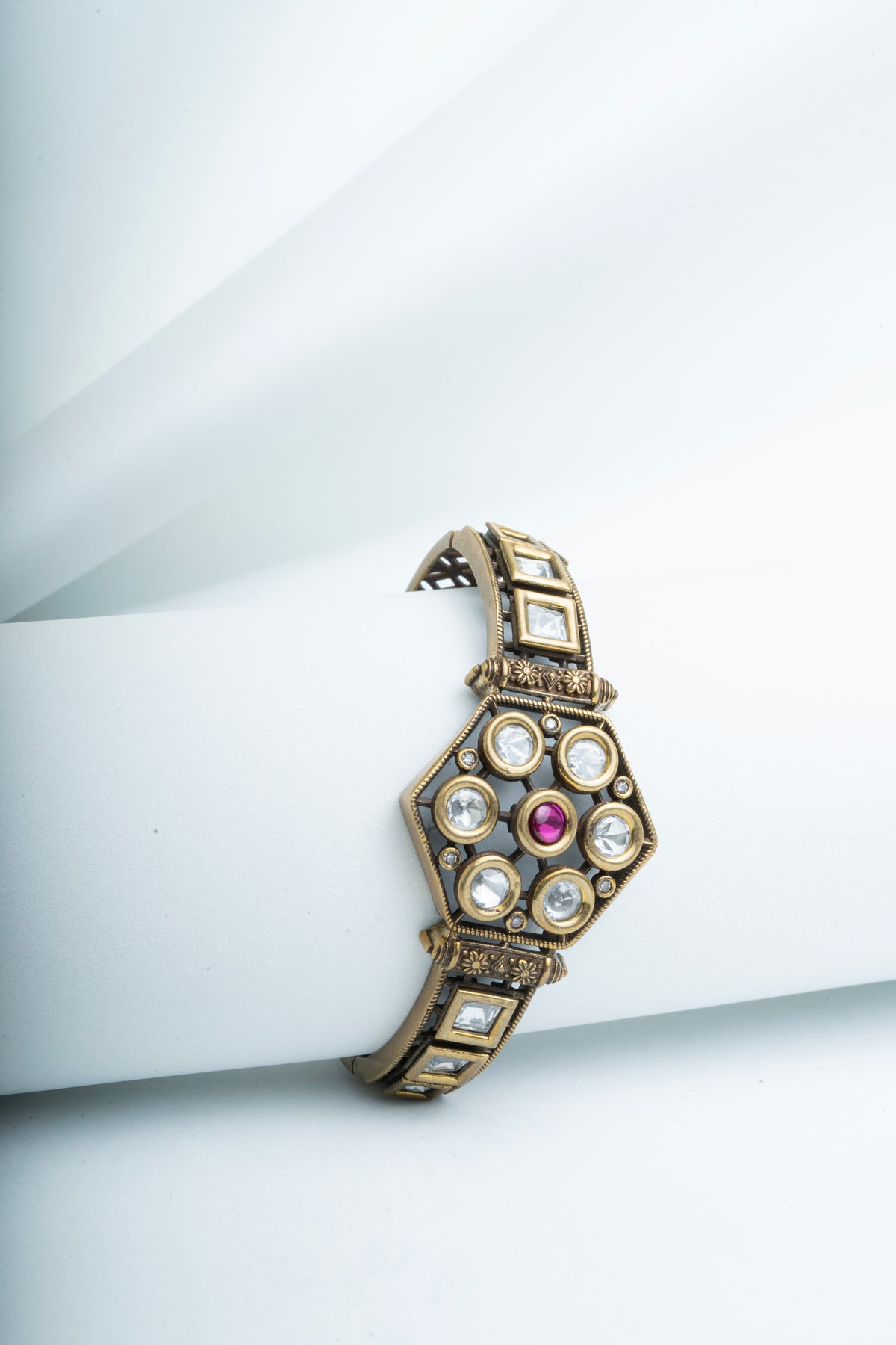 Gold-Tone Pink Stone Geometric Statement Bangle for Women