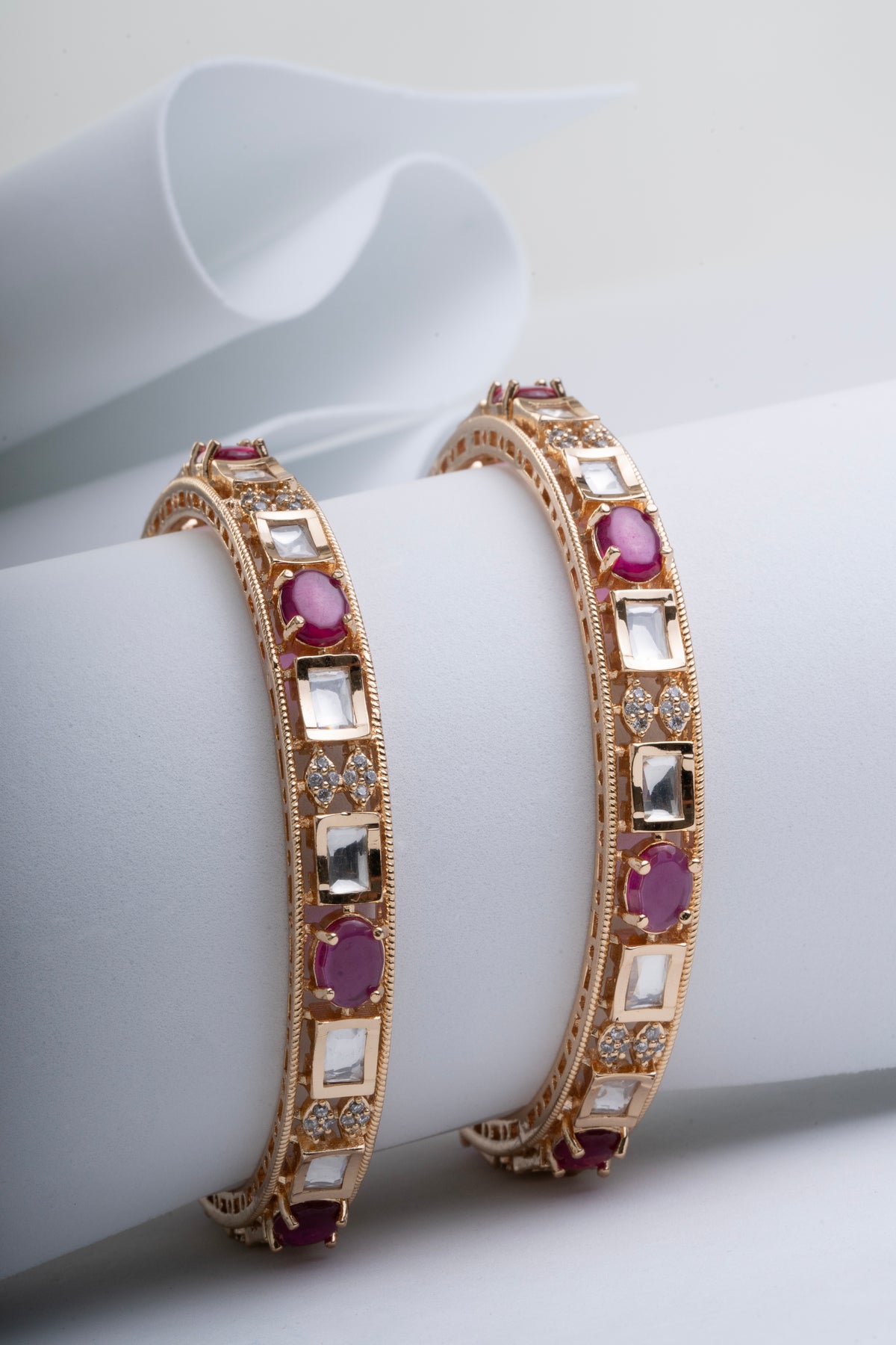 Gold Tone Ruby & Clear Stone Designer Bangles for Women – Set of 2