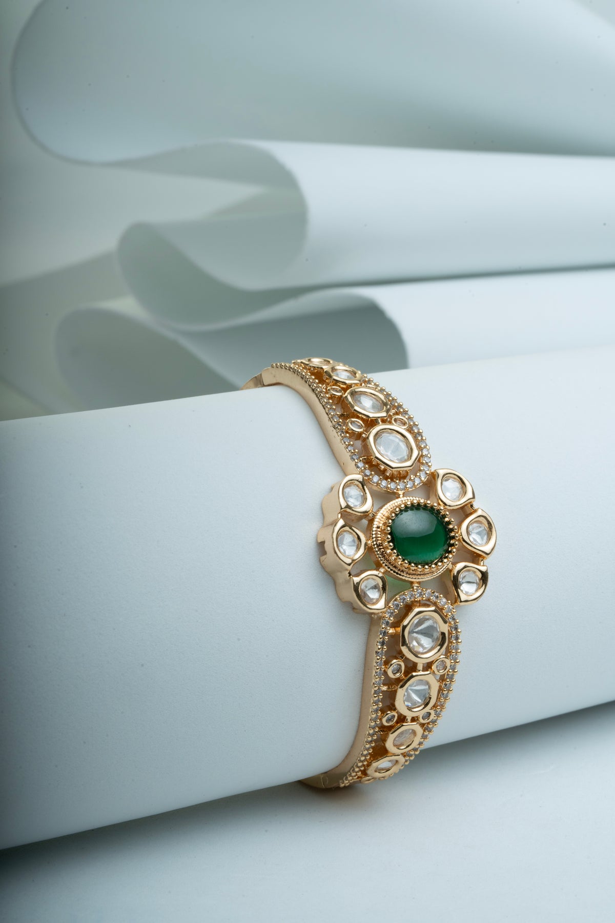 Gold-Tone Green Stone Floral Crystal Bangle for Women