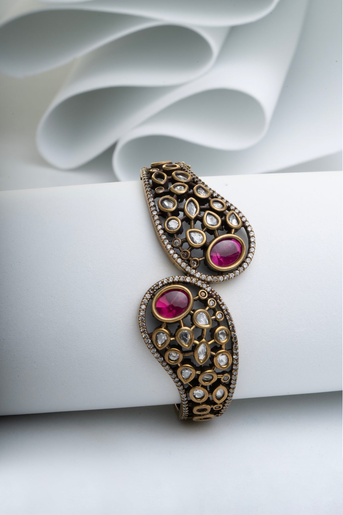 Gold-Tone Kundan-Style Pink Stone Bracelet for Women
