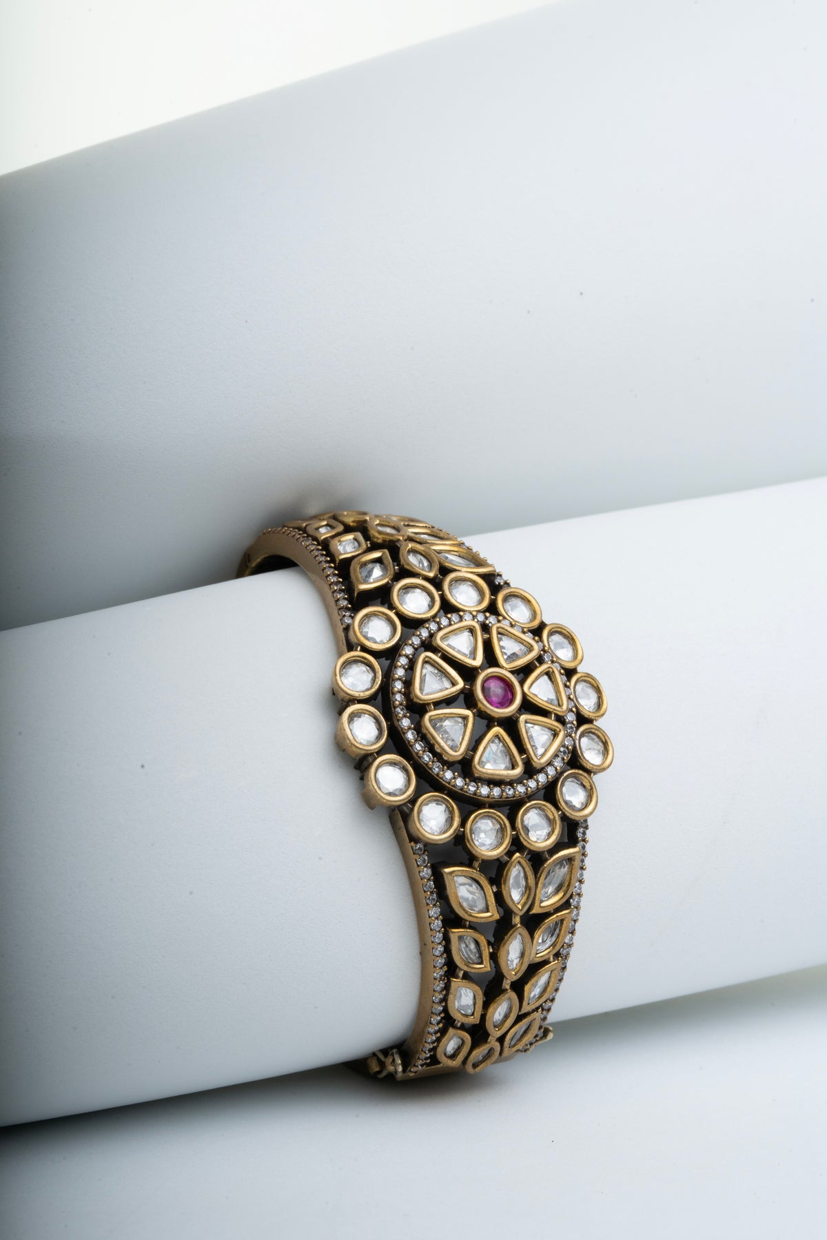 Gold-Tone Designer Bracelet with Floral Stone Detailing for Women