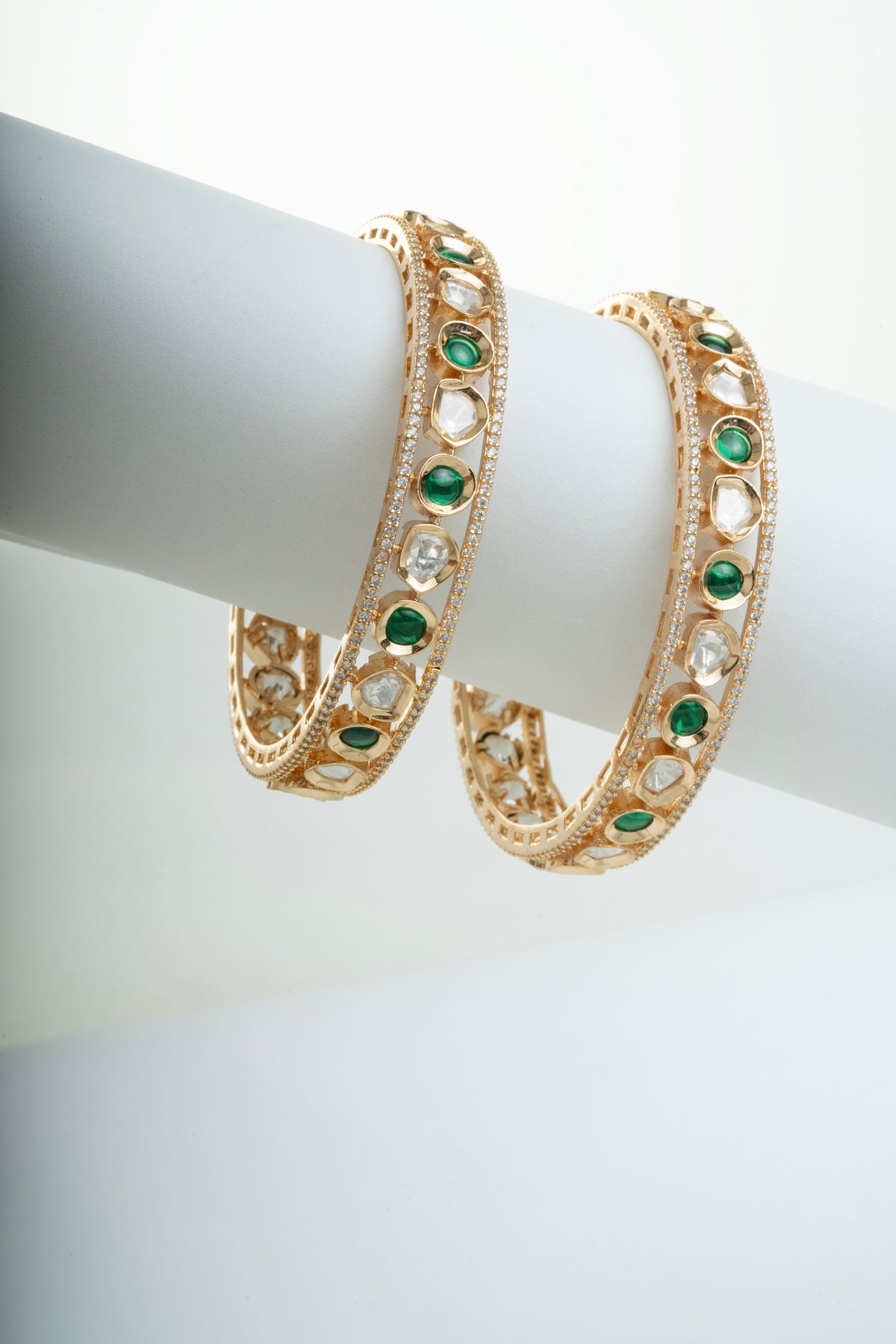 Gold Tone Green & Clear Stone Designer Bangles for Women – Set of 2