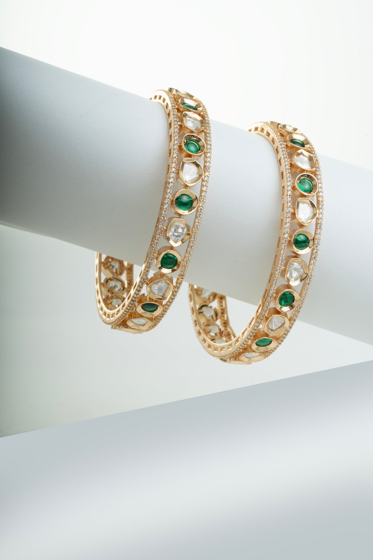 Gold Tone Green & Clear Stone Designer Bangles for Women – Set of 2