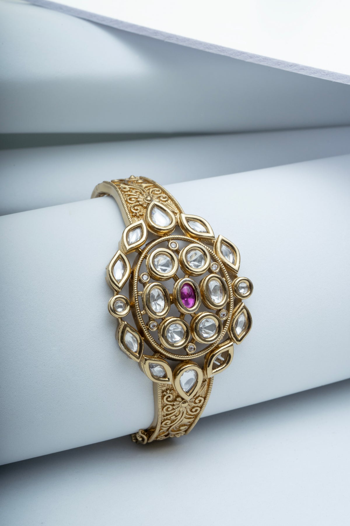 Gold-Tone Pink Stone Traditional Statement Bangle for Women