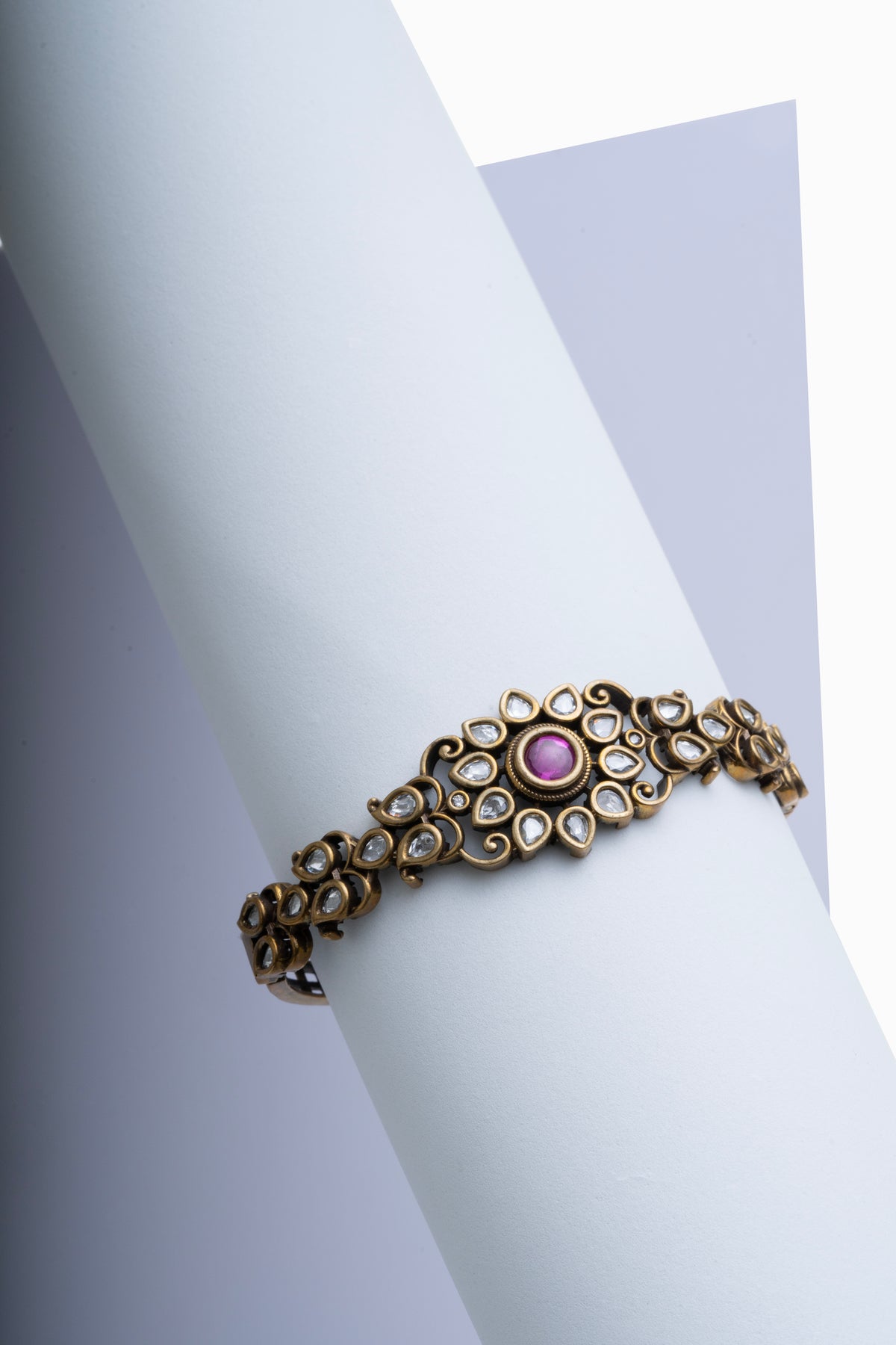 Antique Gold Floral Designer Bracelet with Pink Stone for Women