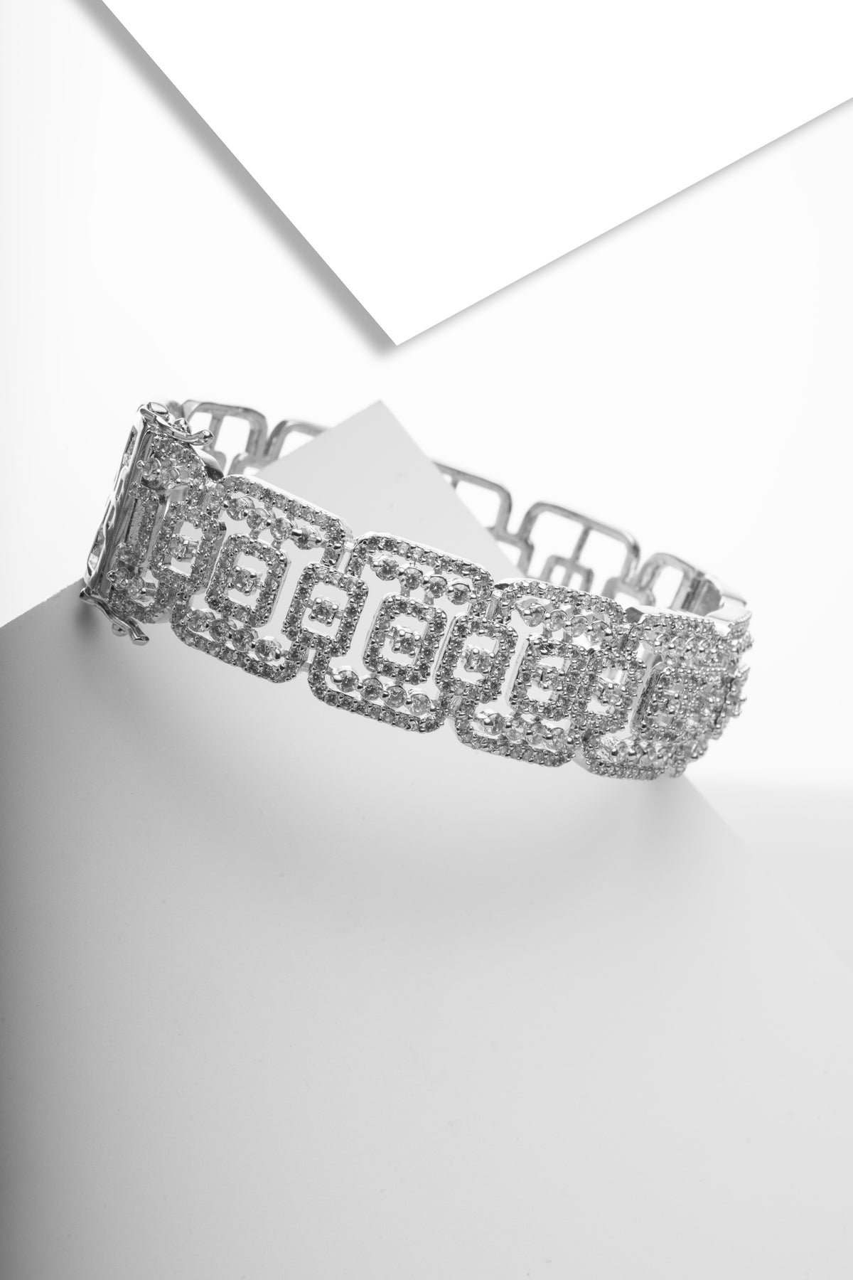 Silver-Tone Geometric Crystal Link Bracelet for Women