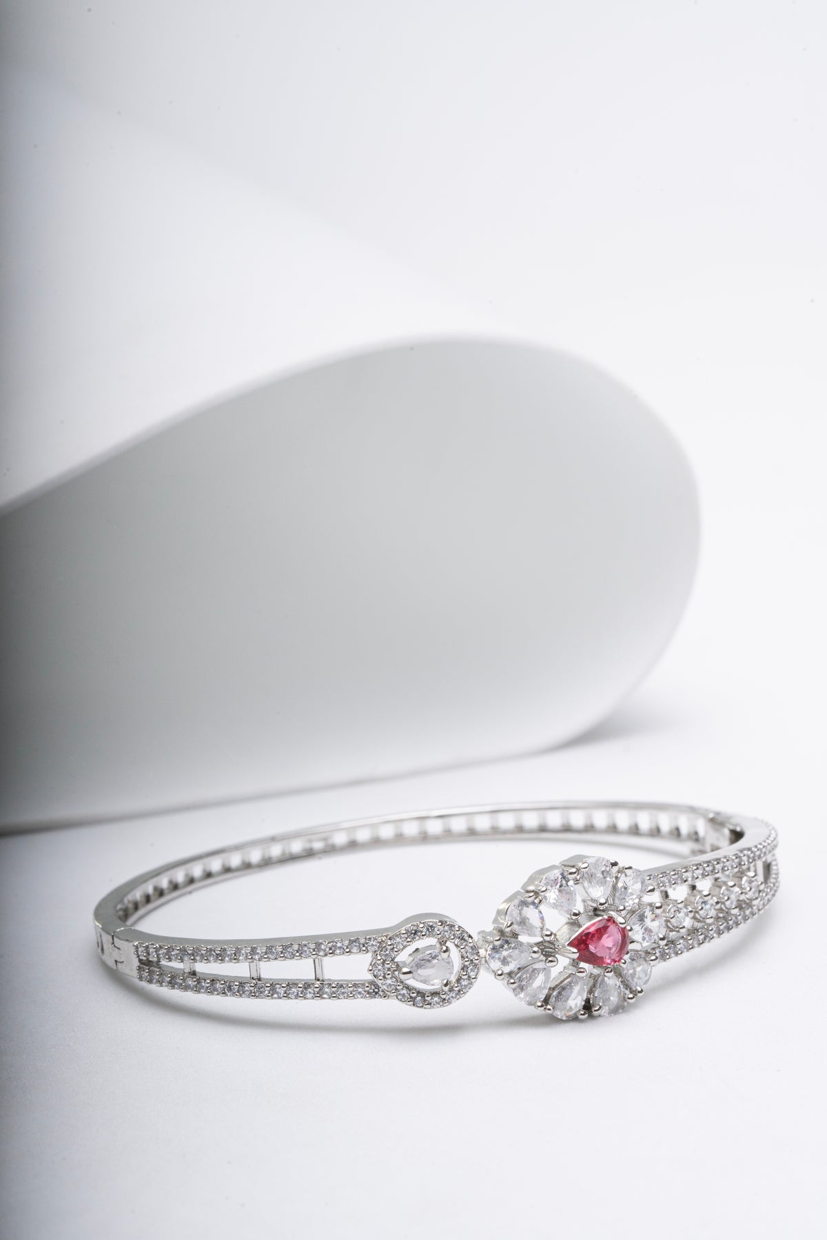 Silver-Tone Pink Stone Floral Statement Bangle for Women
