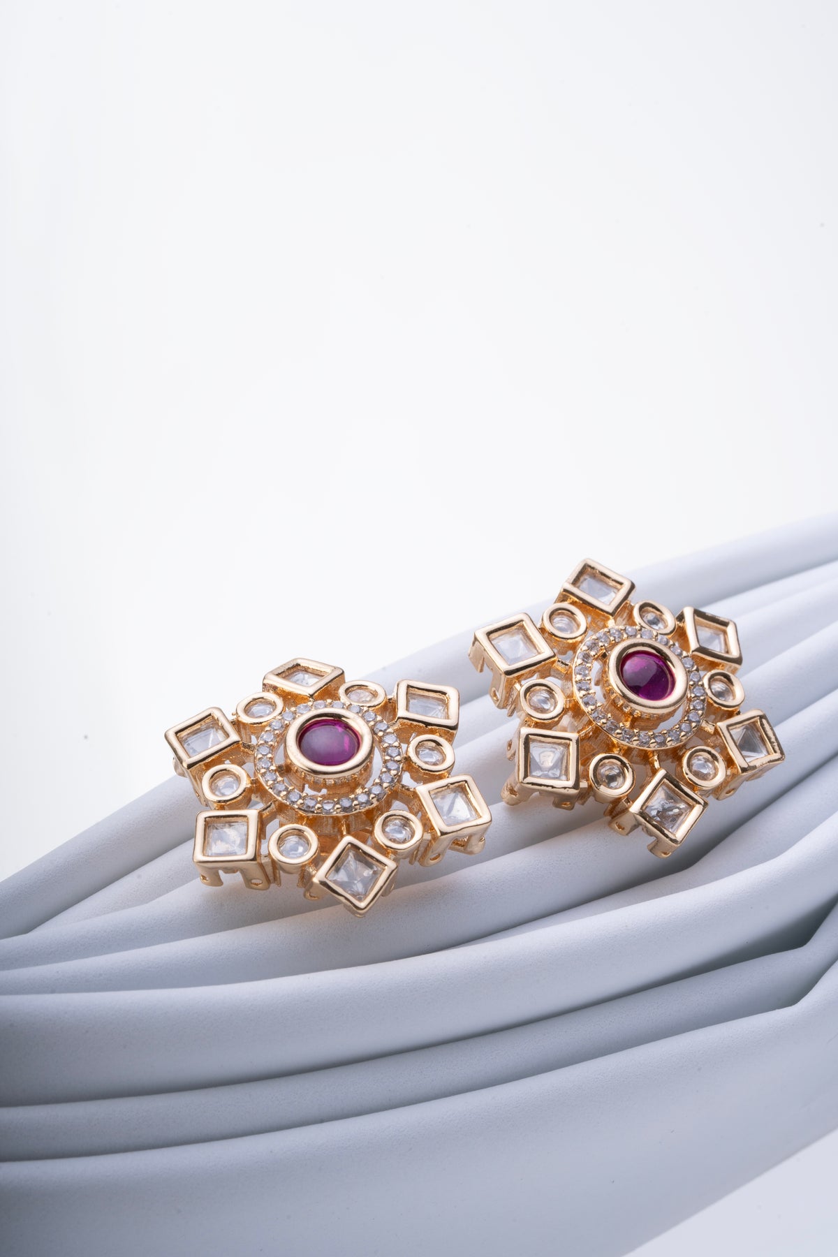 Ruby Centre Gold-Tone Geometric Stud Earrings for Women