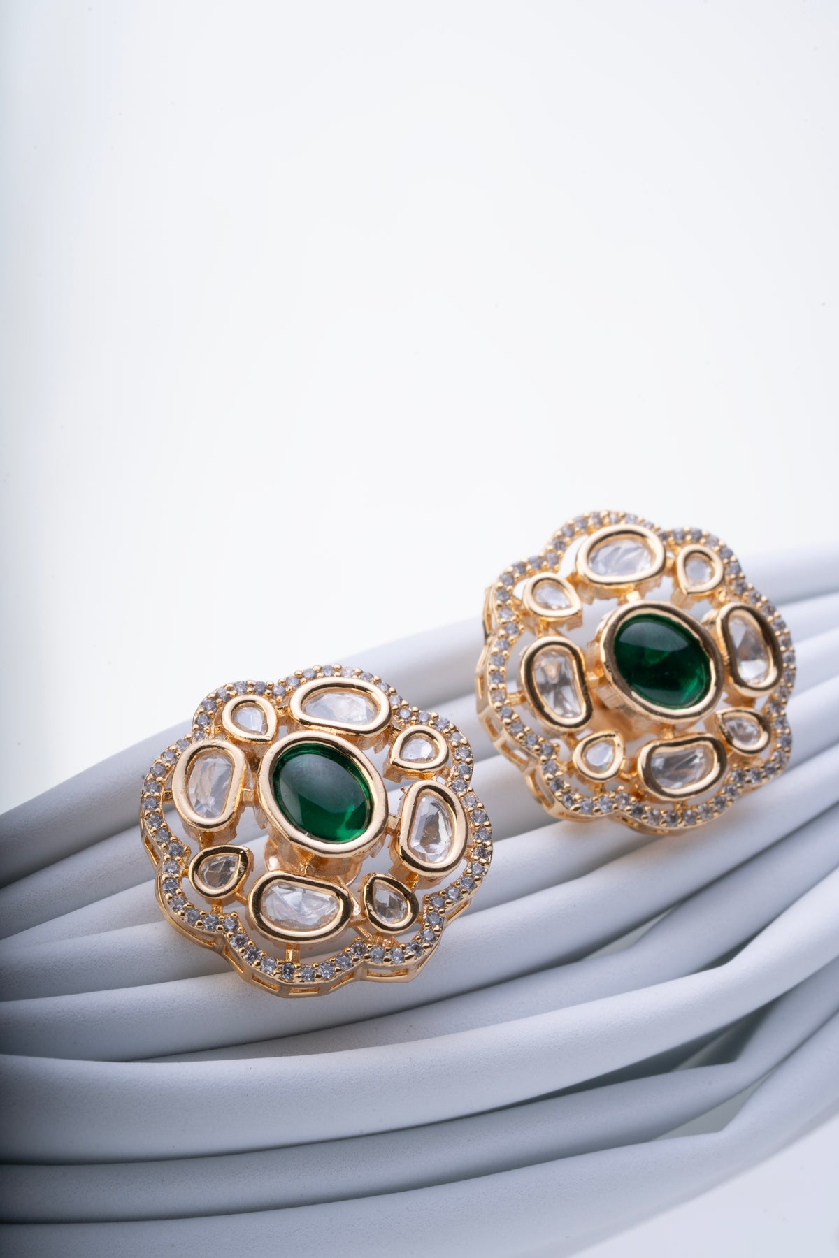 Green Oval Stone Gold-Tone Floral Stud Earrings for Women