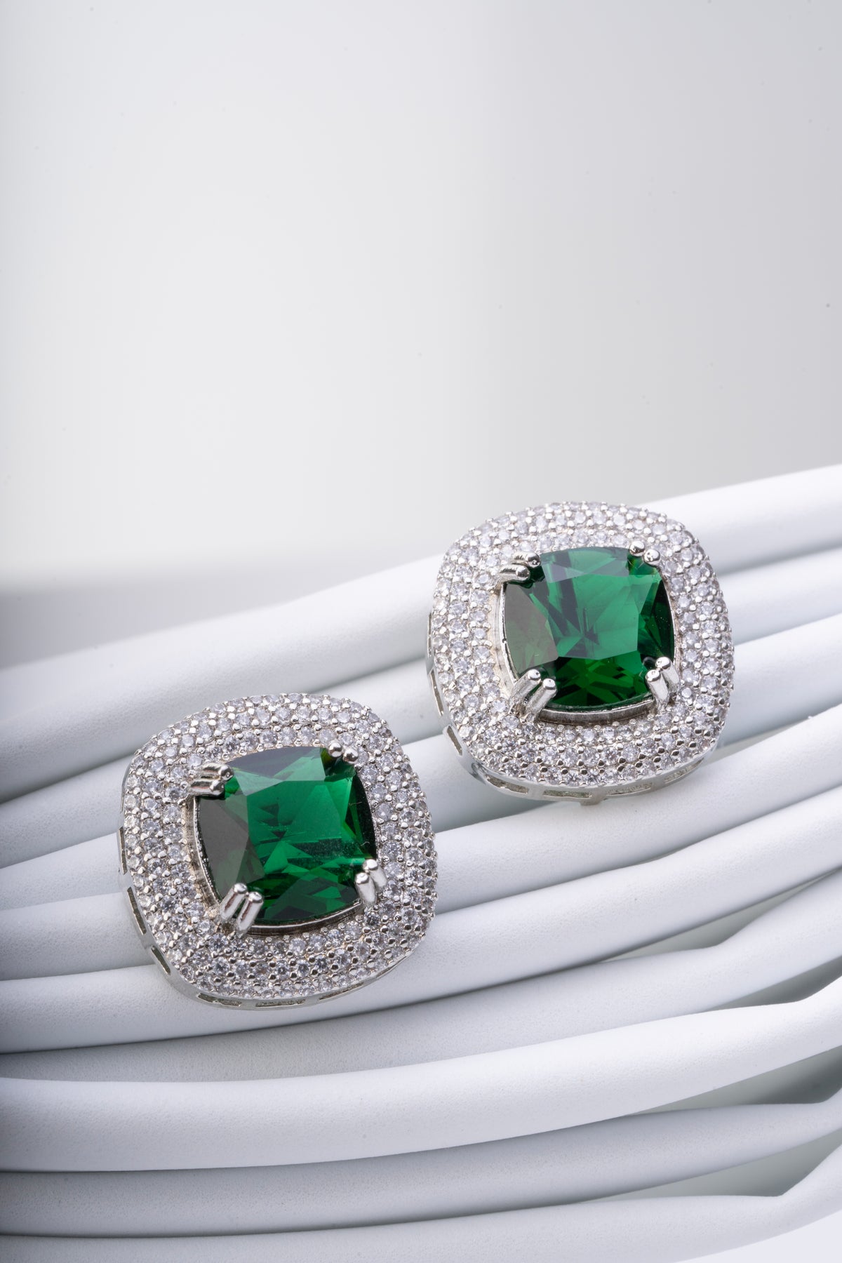Silver-Tone Green Emerald-Style Square Stud Earrings for Women