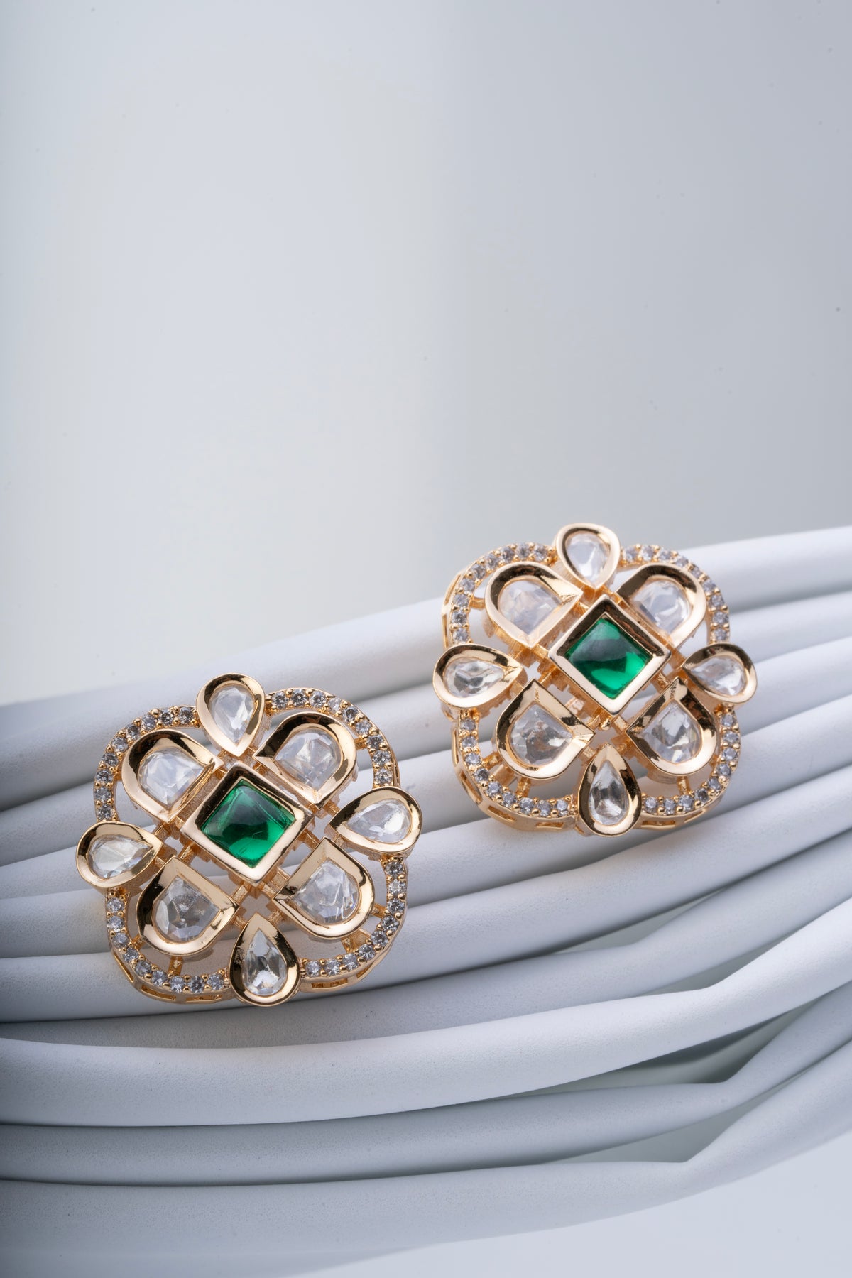 Green Square Stone Gold-Tone Stud Earrings for Women