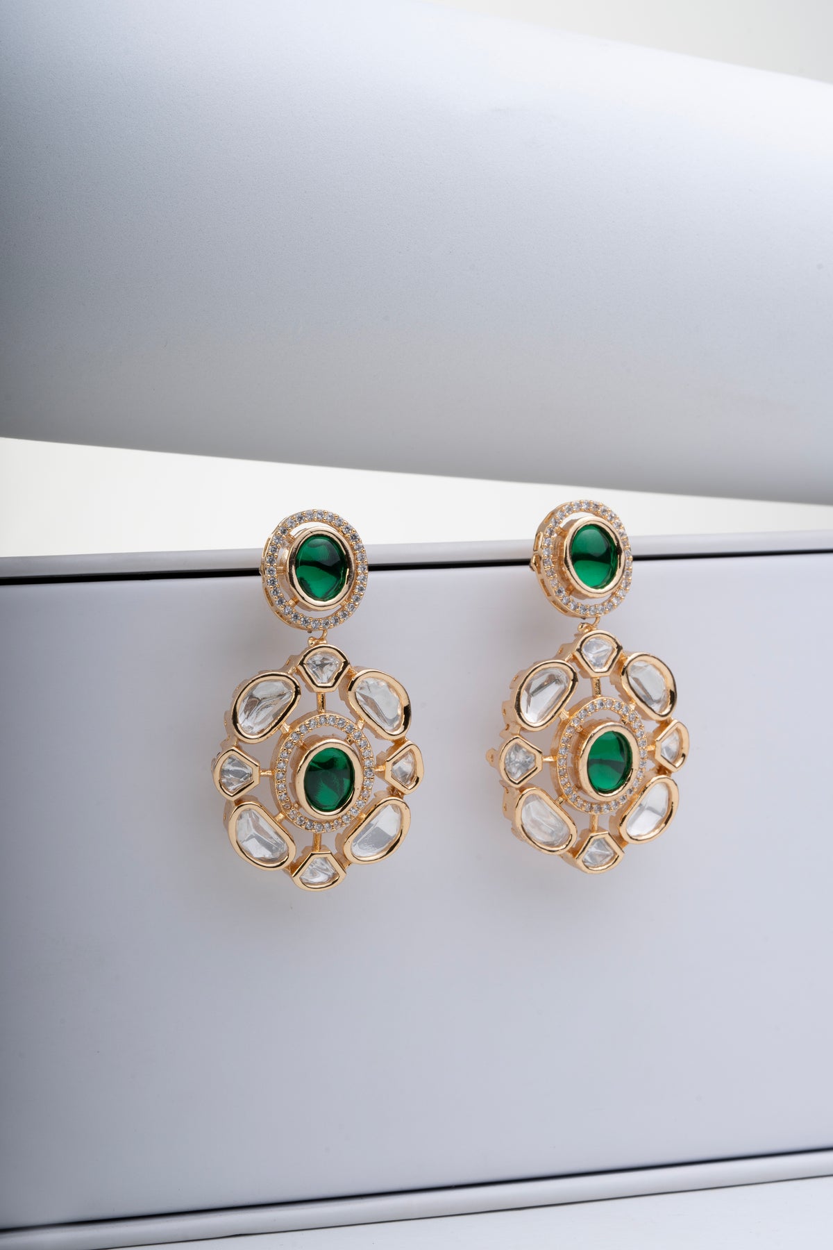 Gold-Tone Green Stone Floral Drop Earrings for Women