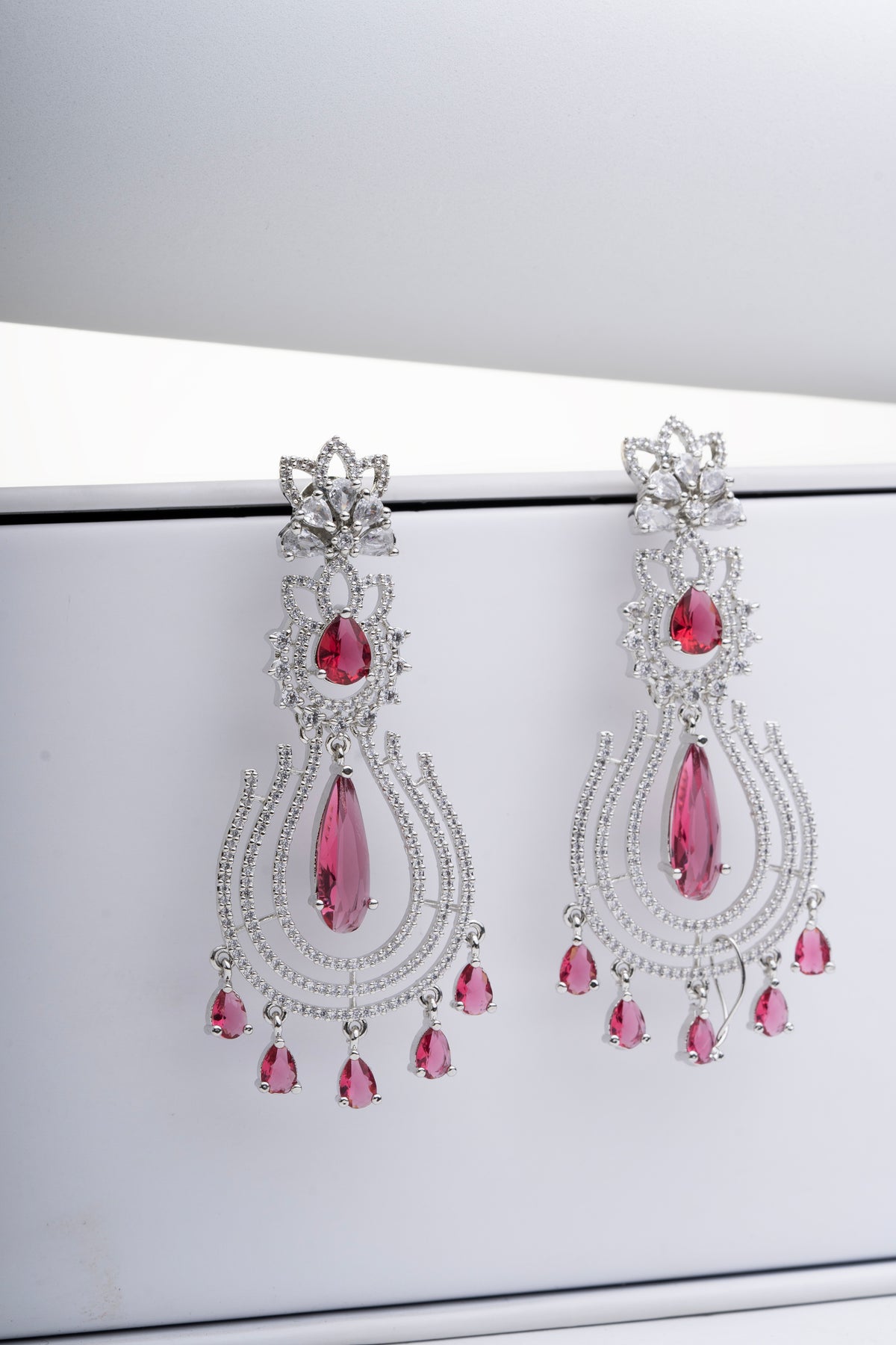 Silver-Tone Pink Stone Statement Drop Earrings for Women