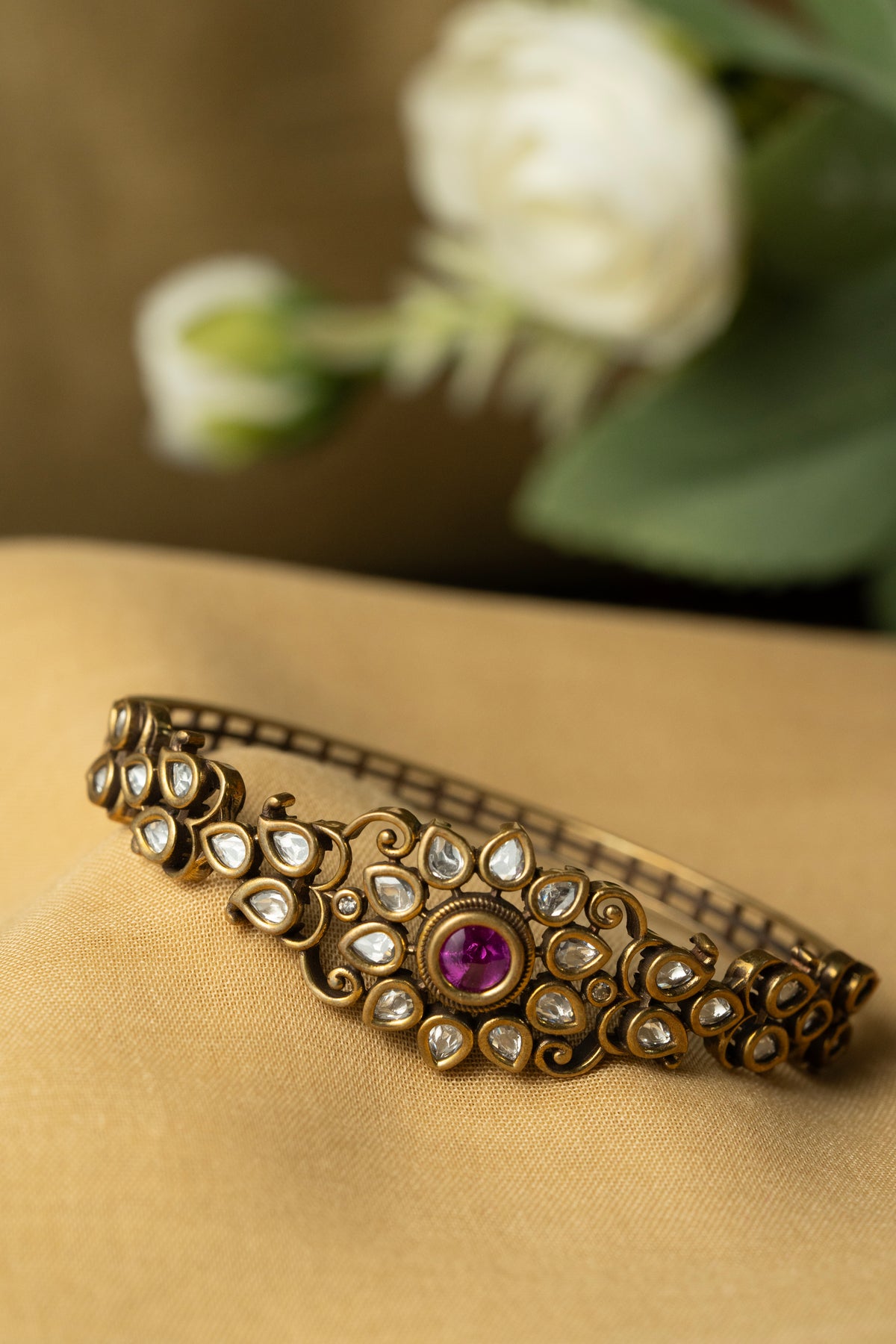 Antique Gold Floral Designer Bracelet with Pink Stone for Women