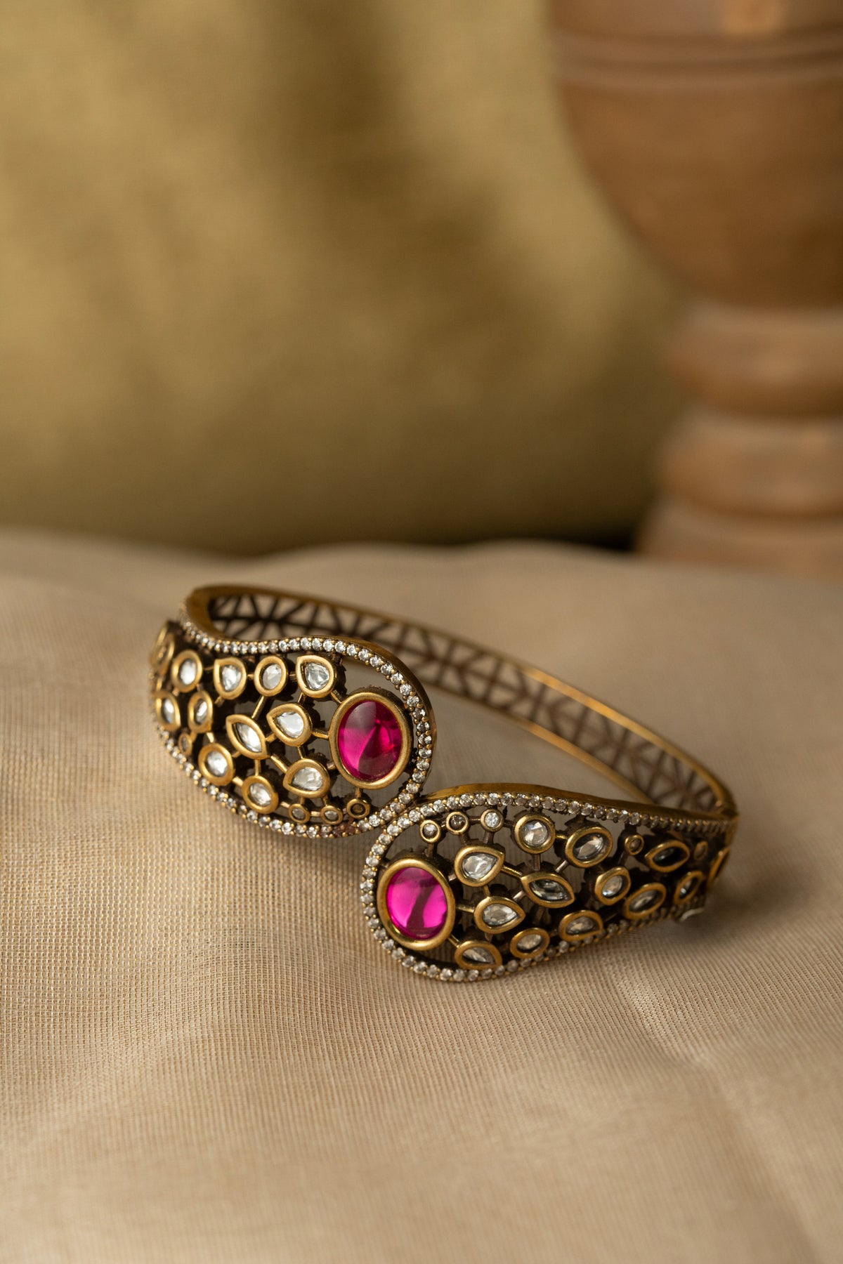 Gold-Tone Kundan-Style Pink Stone Bracelet for Women
