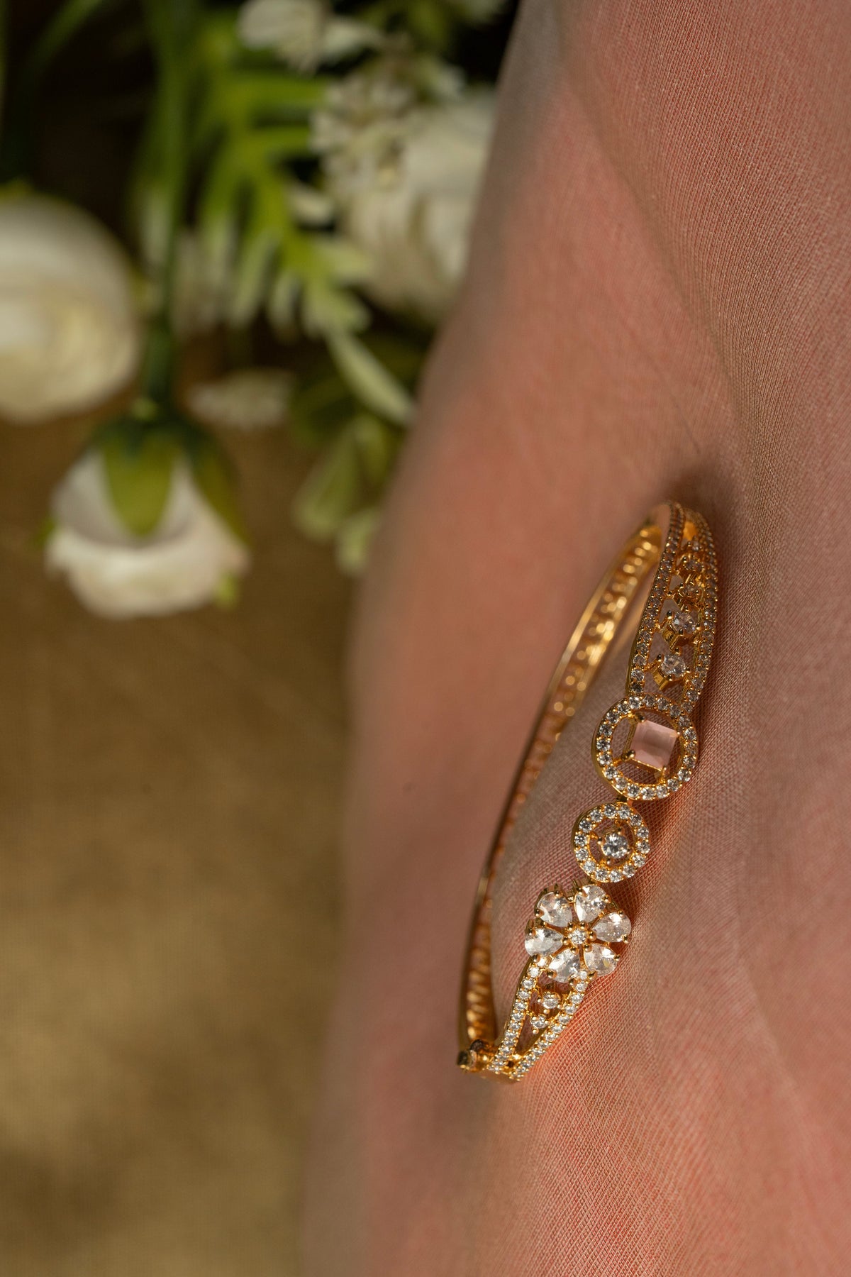Gold-Tone Crystal Floral Designer Bracelet for Women