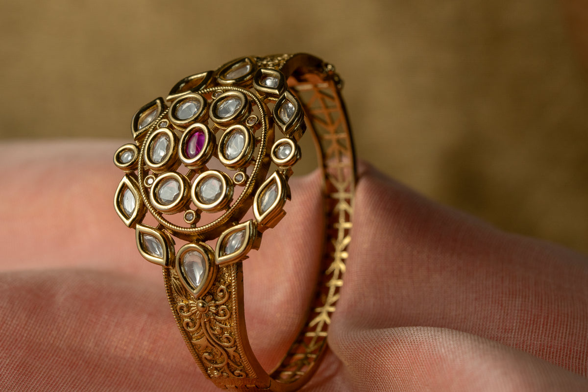 Gold-Tone Pink Stone Traditional Statement Bangle for Women