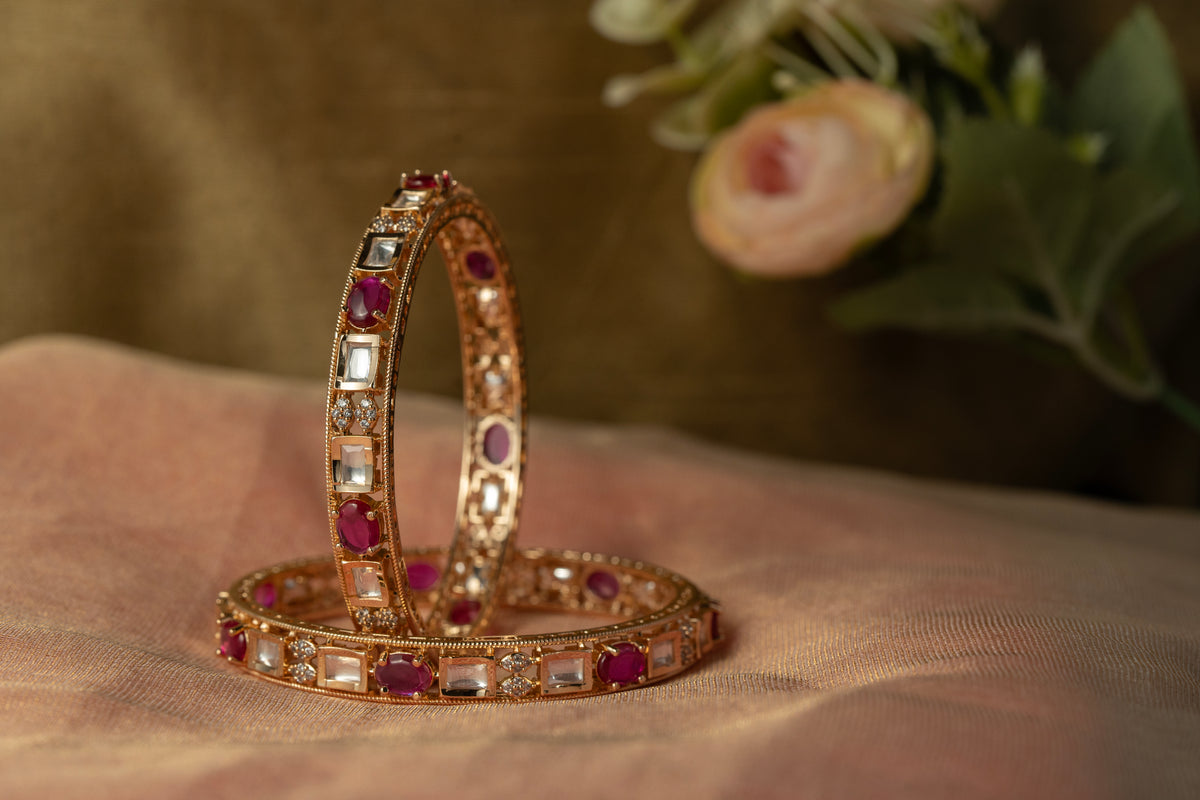 Gold Tone Ruby & Clear Stone Designer Bangles for Women – Set of 2