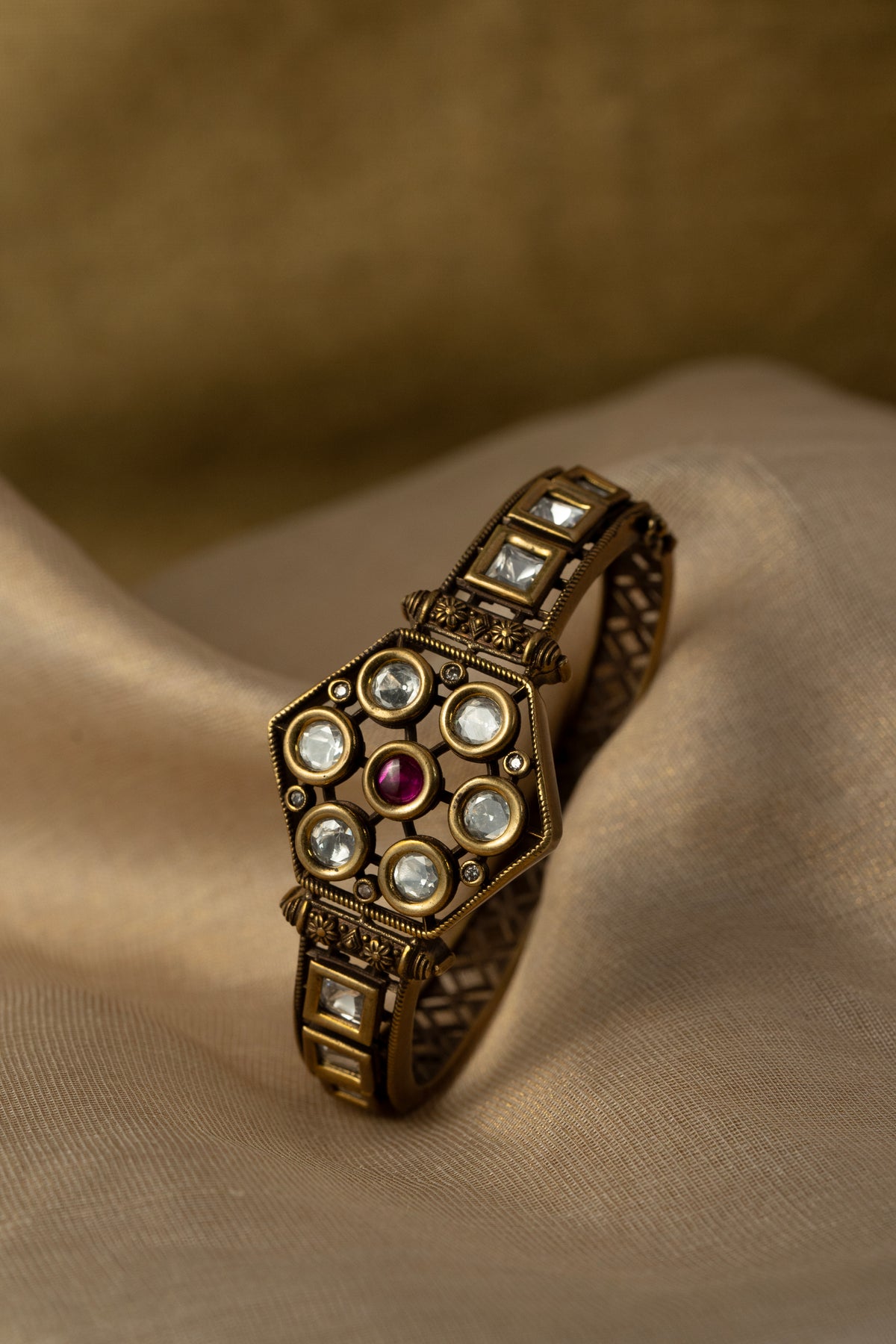 Gold-Tone Pink Stone Geometric Statement Bangle for Women