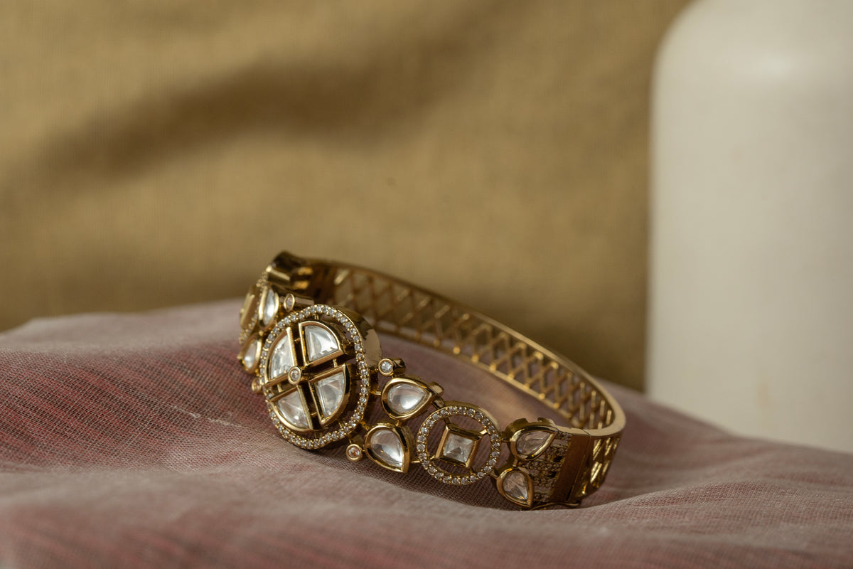 Gold-Tone Kundan Style Geometric Statement Bracelet for Women