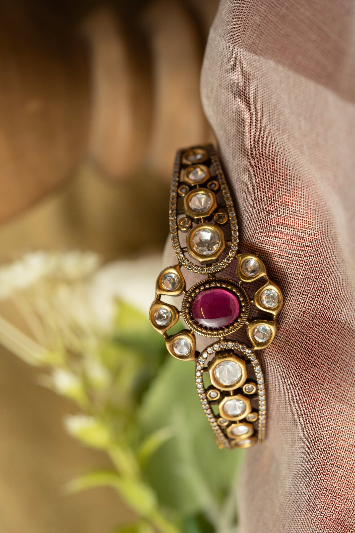 Gold-Tone Pink Stone Embellished Statement Bangle for Women