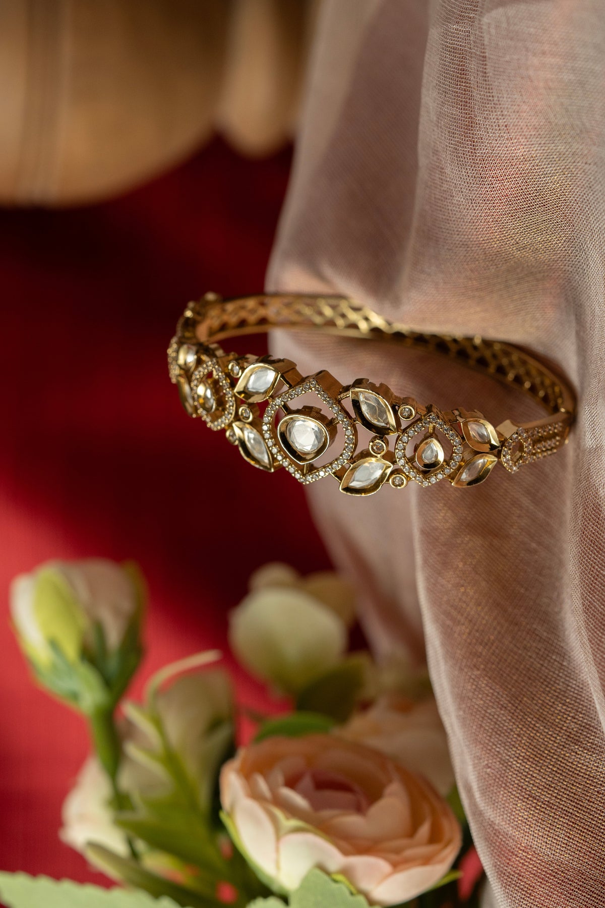 Gold-Tone Geometric Embellished Statement Bangle for Women
