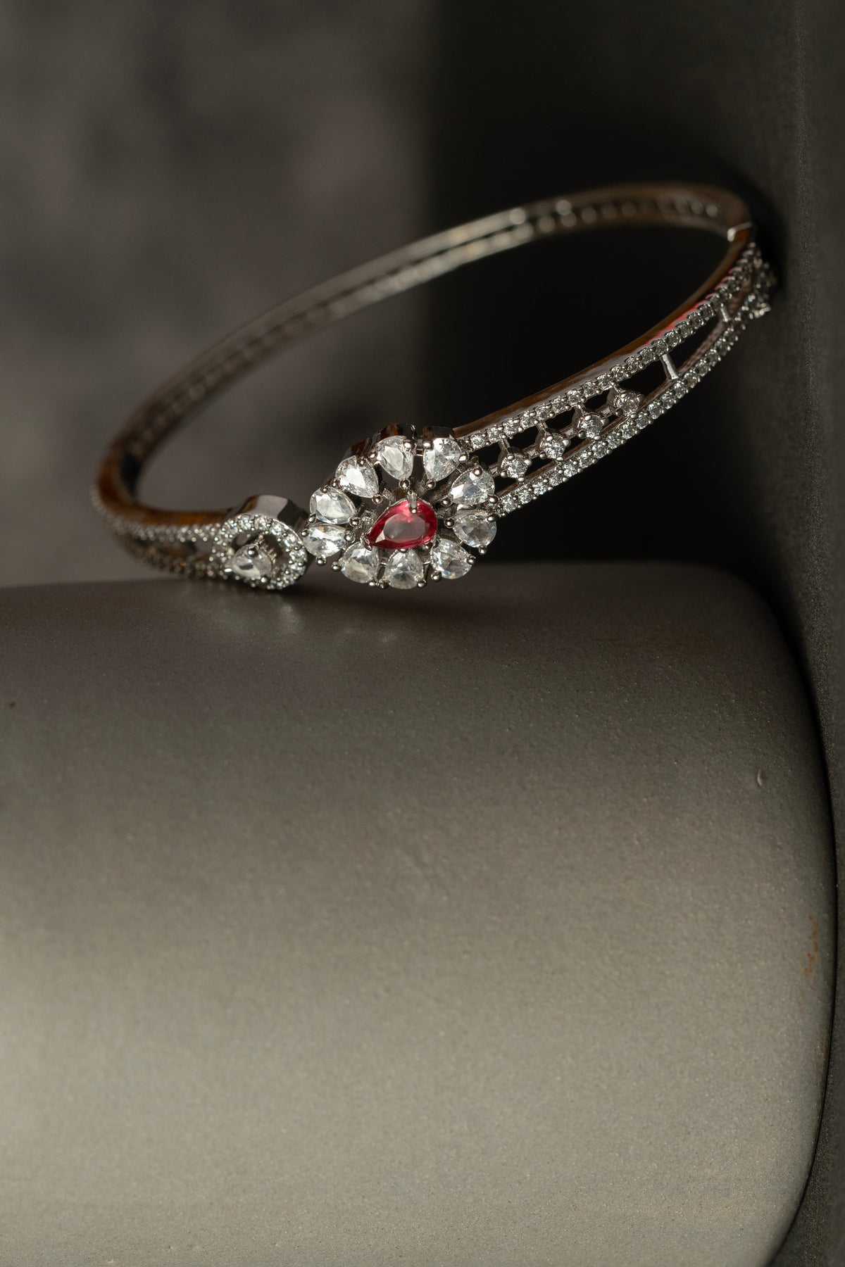 Silver-Tone Pink Stone Floral Statement Bangle for Women