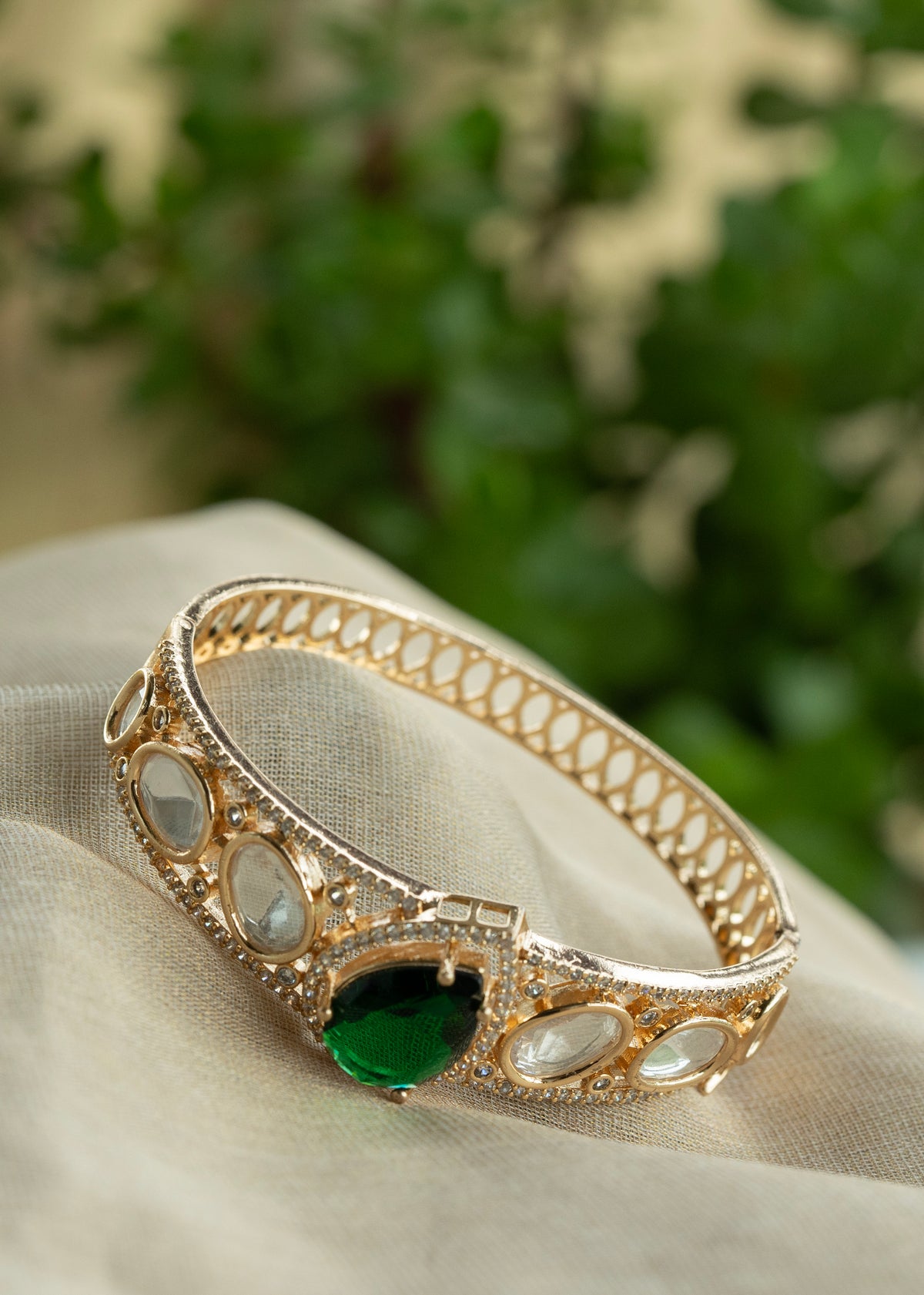Gold-Tone Green Stone Statement Bracelet for Women
