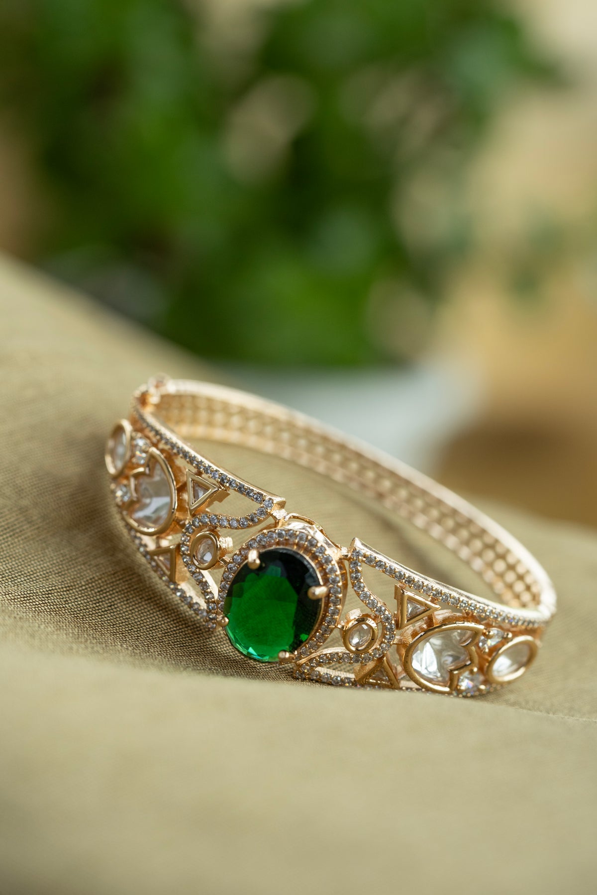 Gold Tone Green Stone Designer Bracelet for Women