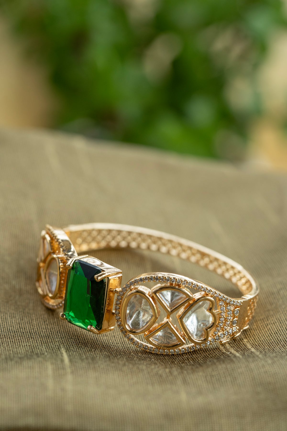 Gold-Tone Green Stone Geometric Statement Bangle for Women