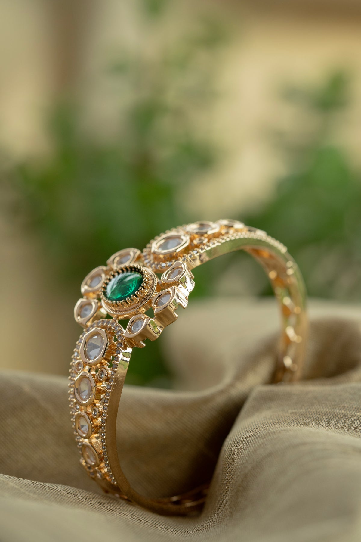 Gold-Tone Green Stone Floral Crystal Bangle for Women