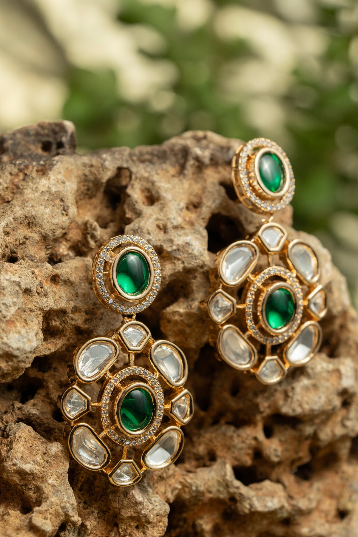 Gold-Tone Green Stone Floral Drop Earrings for Women