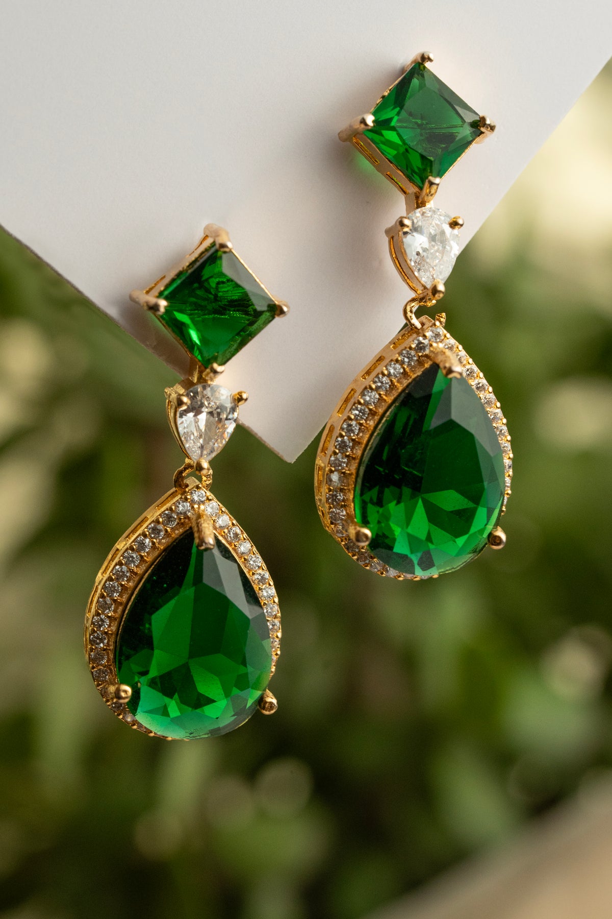 Gold-Tone Green Emerald-Look Teardrop Dangle Earrings for Women