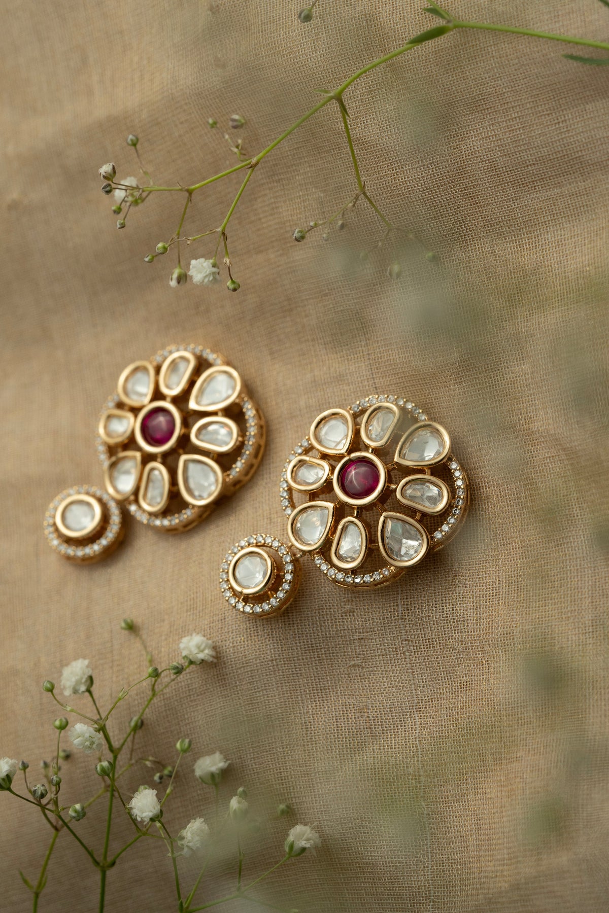 Gold-Tone Floral Pink Stone Stud Drop Earrings for Women