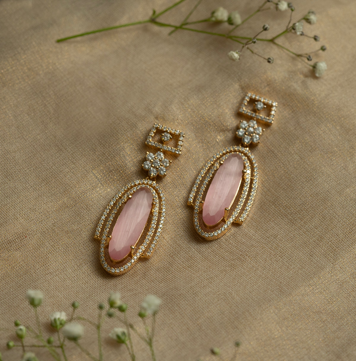 Pink Stone Gold-Tone Drop Earrings for Women