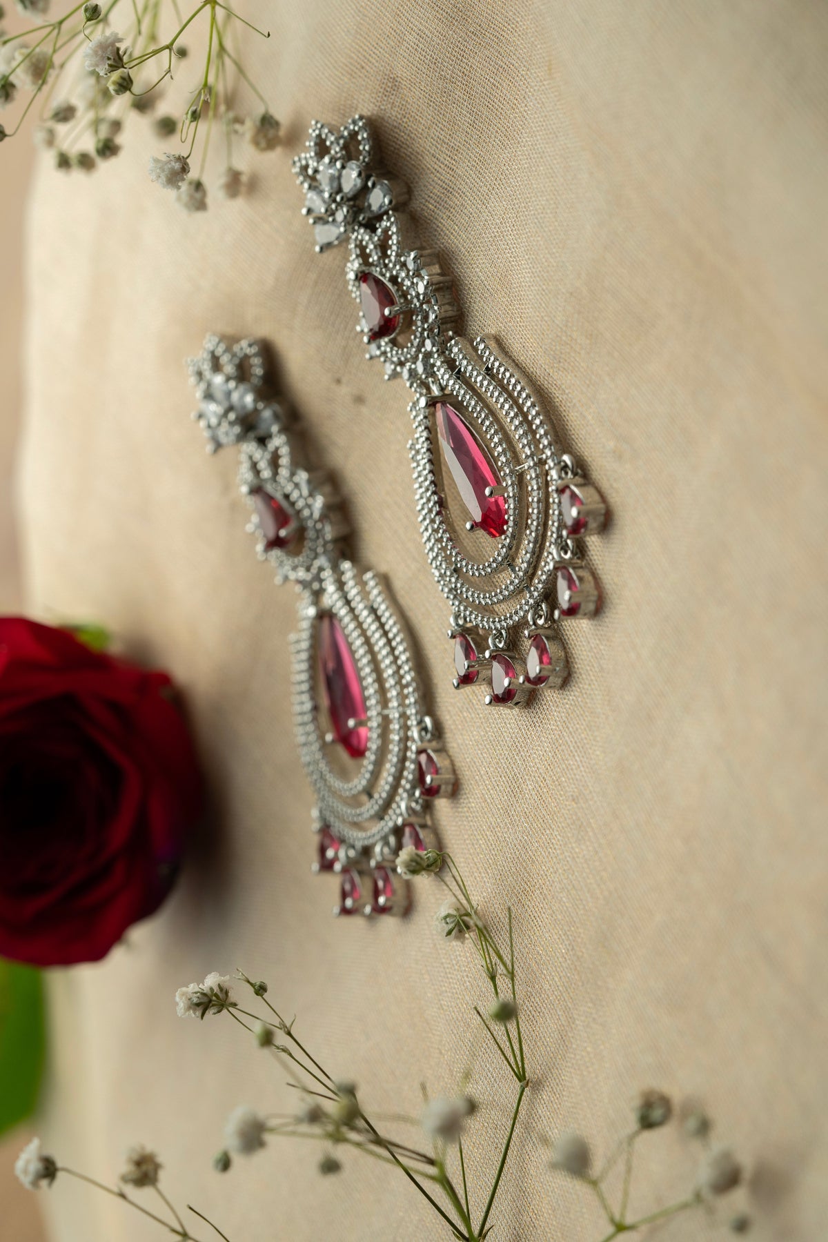 Silver-Tone Pink Stone Statement Drop Earrings for Women