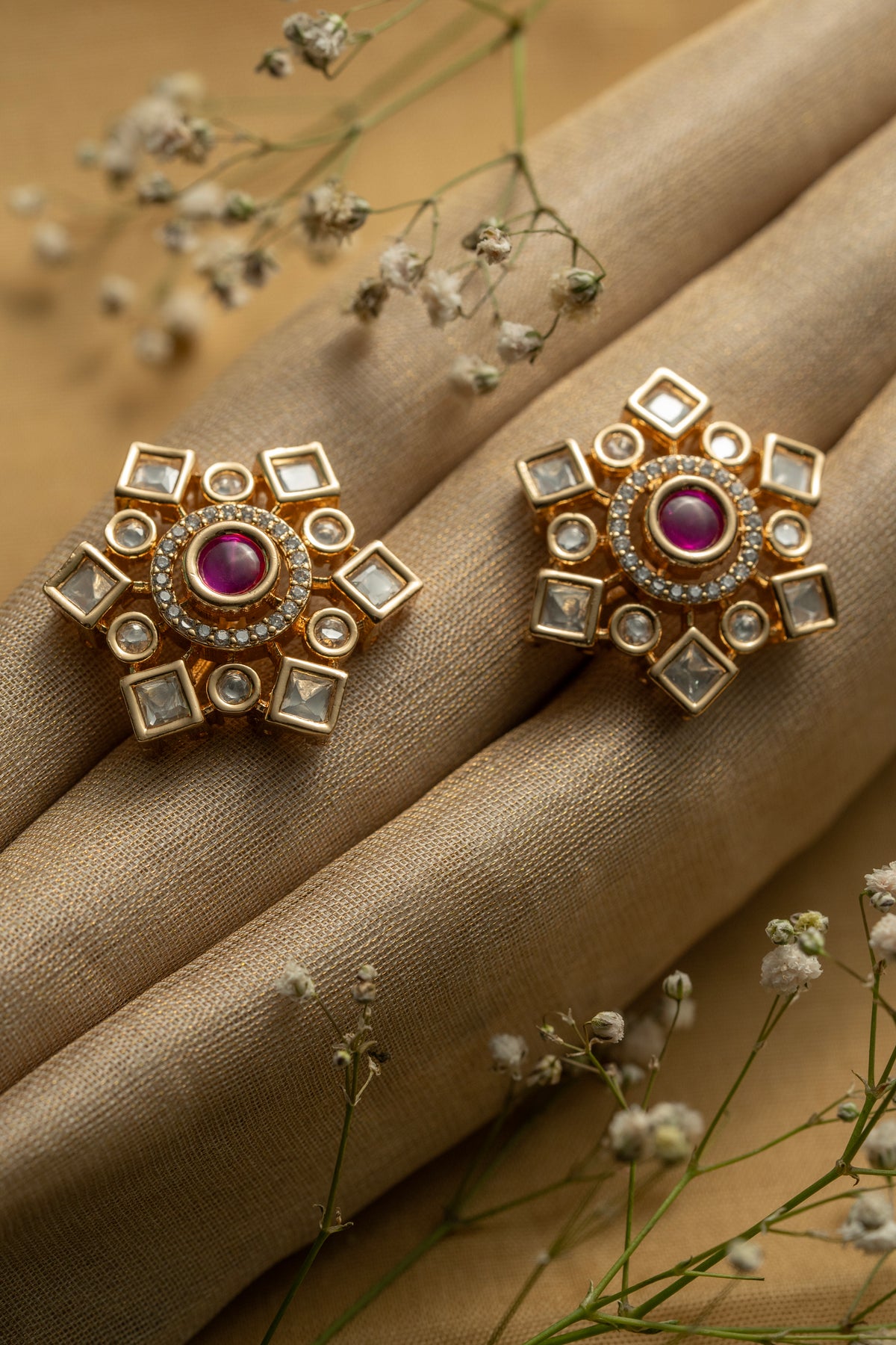 Ruby Centre Gold-Tone Geometric Stud Earrings for Women
