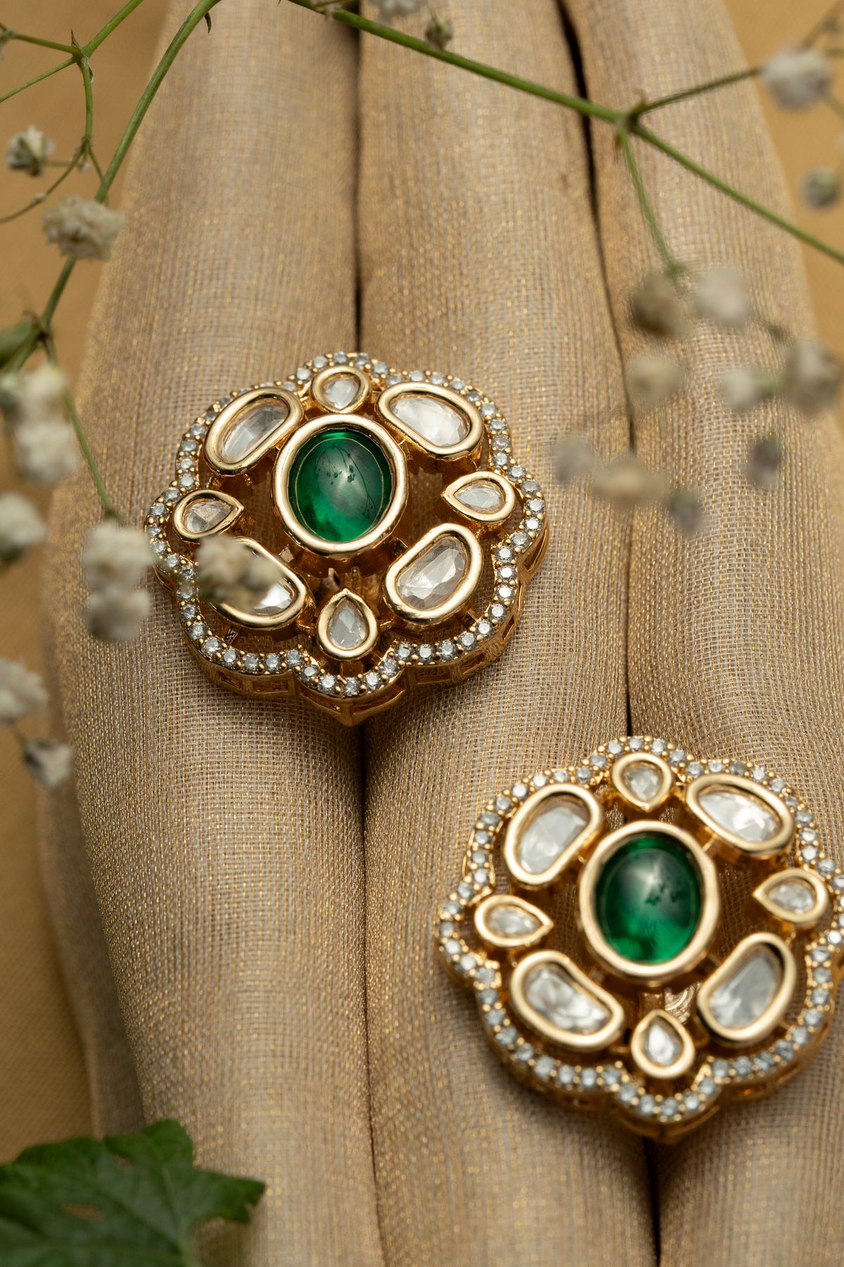 Green Oval Stone Gold-Tone Floral Stud Earrings for Women