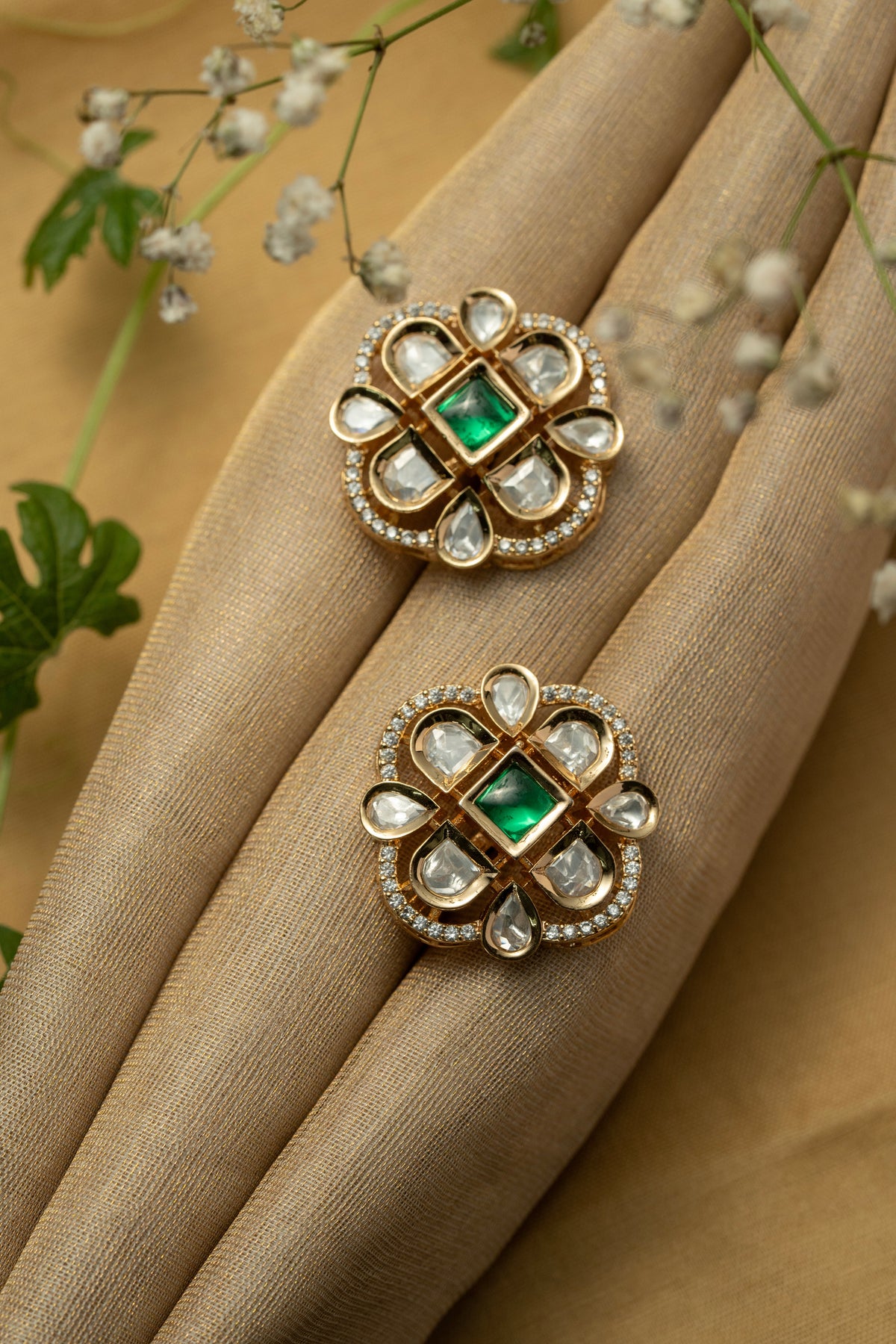 Green Square Stone Gold-Tone Stud Earrings for Women